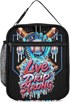 Live Drip Strong Baseball Home Plate Drip Lunch Bag Portable Insulated Lunch Box Large Capacity Tote Bag Zipper Net Pocket 10 L X 4 W X 8 H Inches