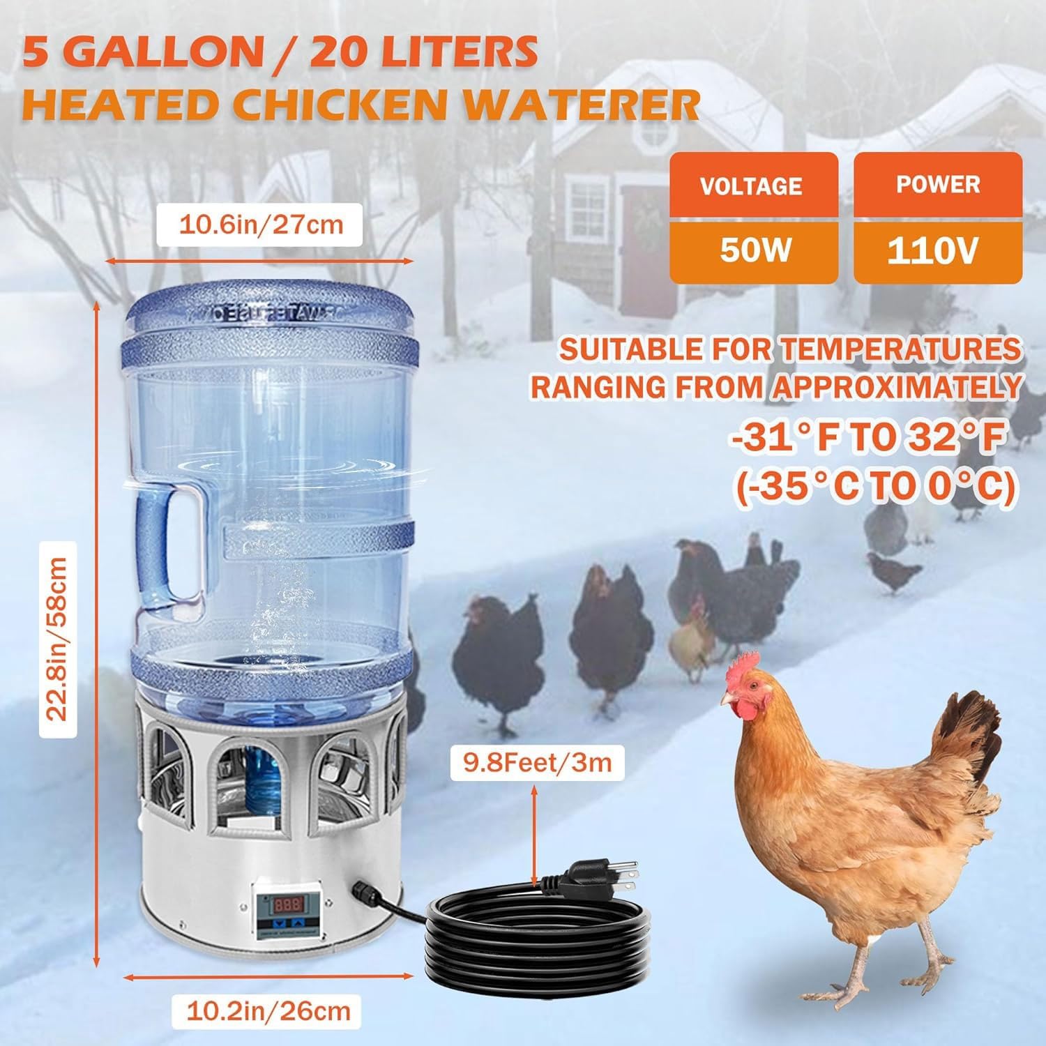 Calentadores de agua de pollo para aves de corral, bebedero de pollo calentado de 5 galones con 8 ventanas para beber y pantalla LED, temperatura ajustable de -0.0 °C a 50.0 °C, para pollos