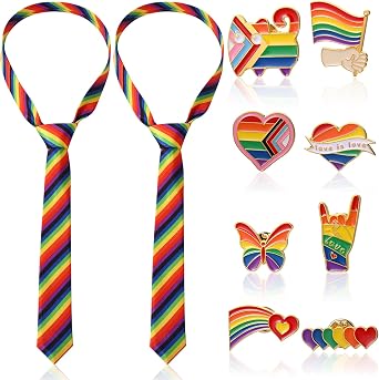 JATEBI 10 Pride Tie and Pin Set for LGBTQ+ Celebrations, Matching Rainbow Accessories for Pride Month and Parades