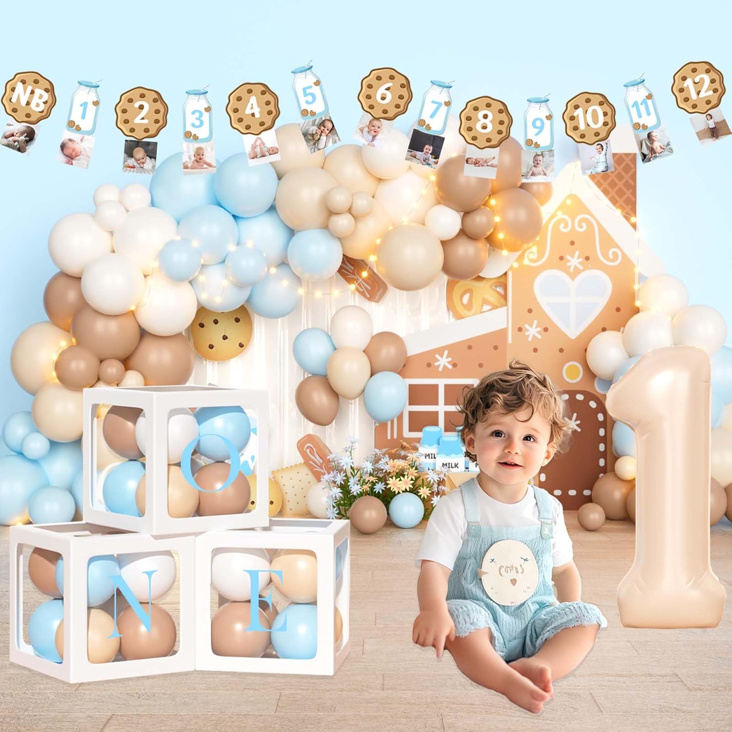 Party Inspo Milk and Cookies 1st Birthday Party Decorations, 1st Birthday Decorations Boy, One Sweet First Party Supplies Backdrop Balloon Banner Cake Topper Crown Boxes Poster for One Year Old Boy