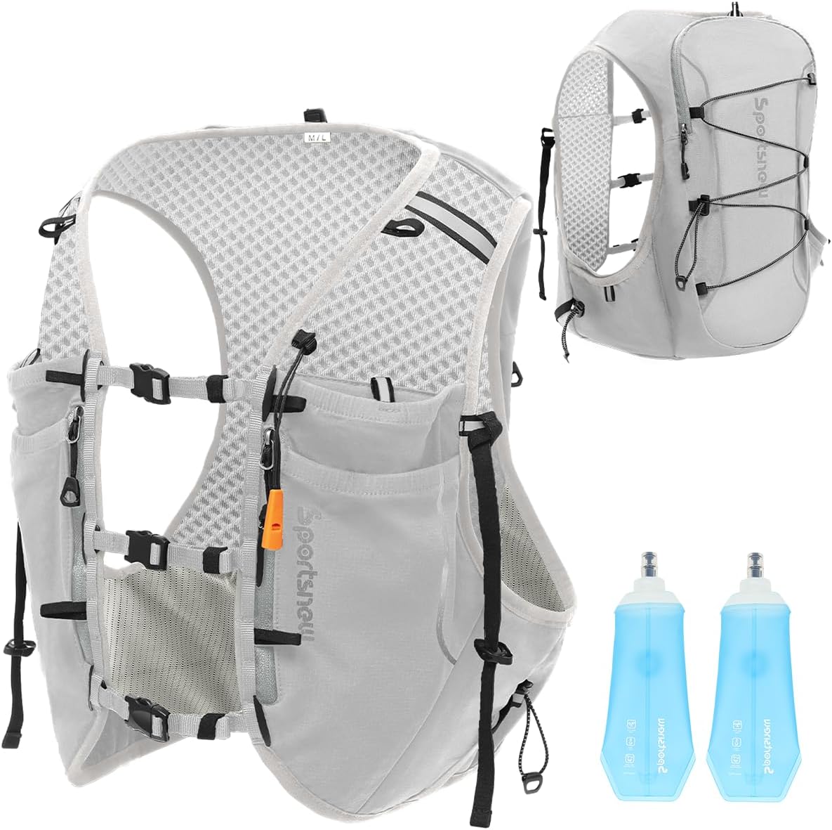 sportsnew Running Vest for Women Men, Lightweight 10L Hydration Backpack with Waterproof Phone Pocket, Breathable Pack for Hiking Trail Running (Grey with 2 x 500ML Soft Flask, M/L: Chest 32''-40'')