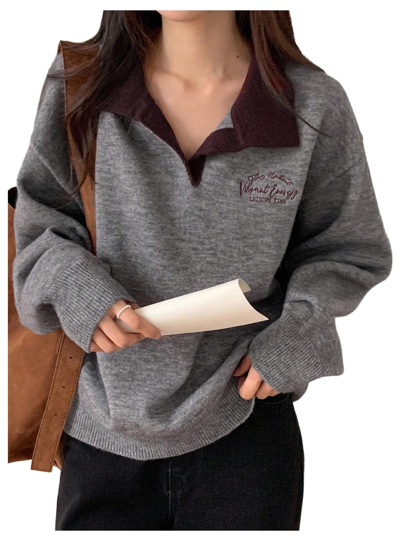 Floerns Womens Collared Graphic Sweater Knitted V Neck Loose Pullovers Tops Fall Outfit