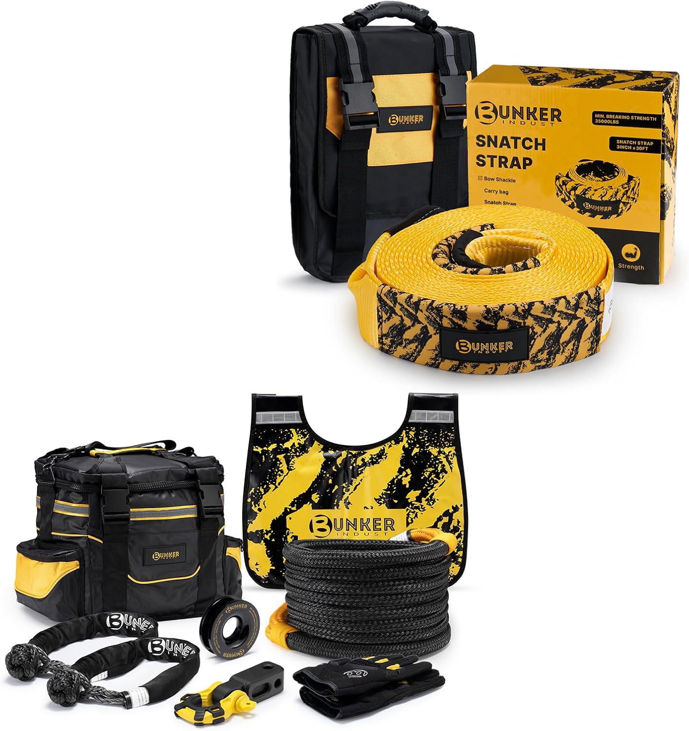 BUNKER INDUST 1"×30ft Kinetic Recovery Rope Recovery Kit + 3" x 30ft Tree Saver Winch Strap 35,000 lbs Recovery Straps