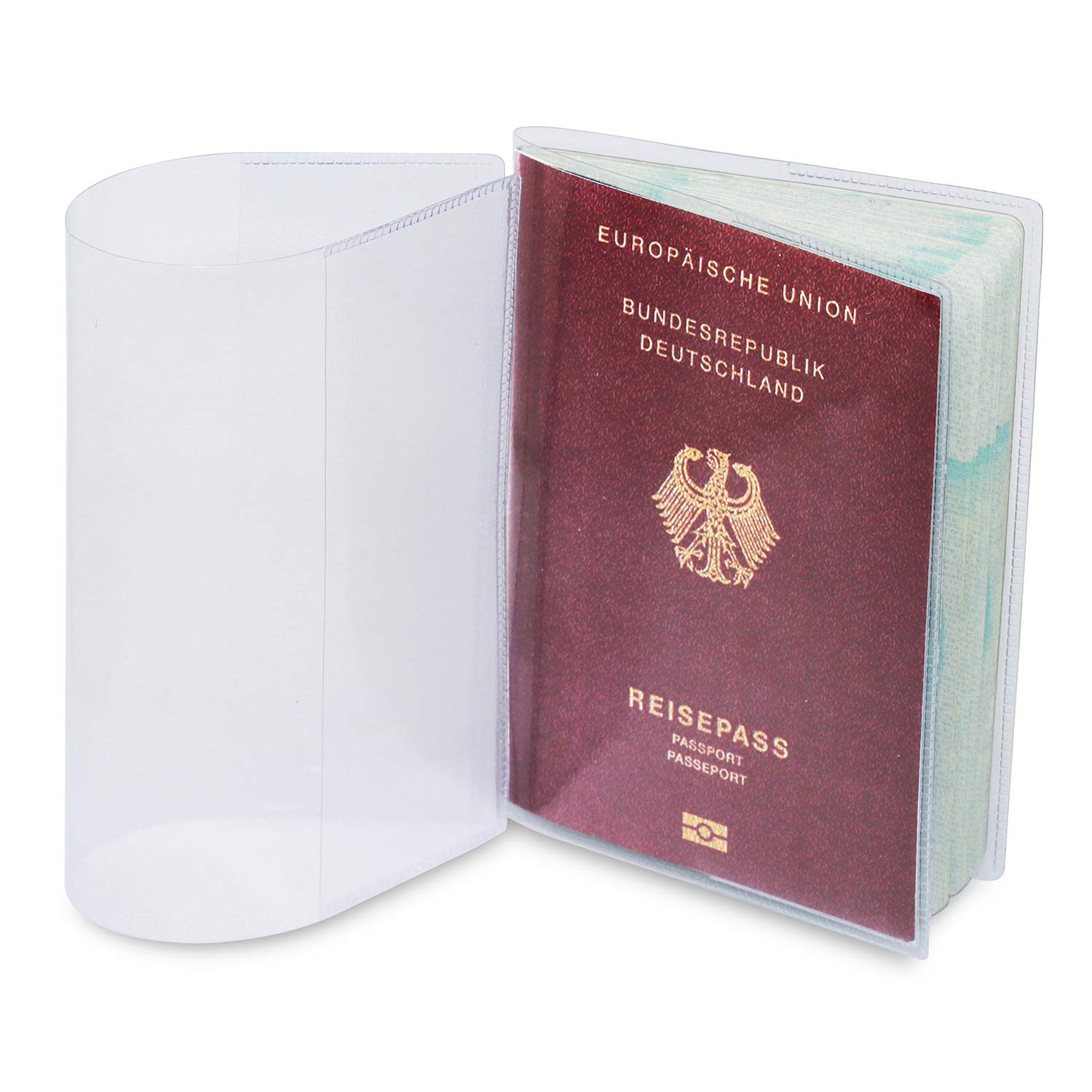 2 x etui na paszport na nowy paszport (od kwietnia 2017), odporne na dokumenty i przezroczyste, w odpornym na rozdarcie etui ochronnym. Chroni paszport przed wodą, kurzem i brudem. Dwa etui na