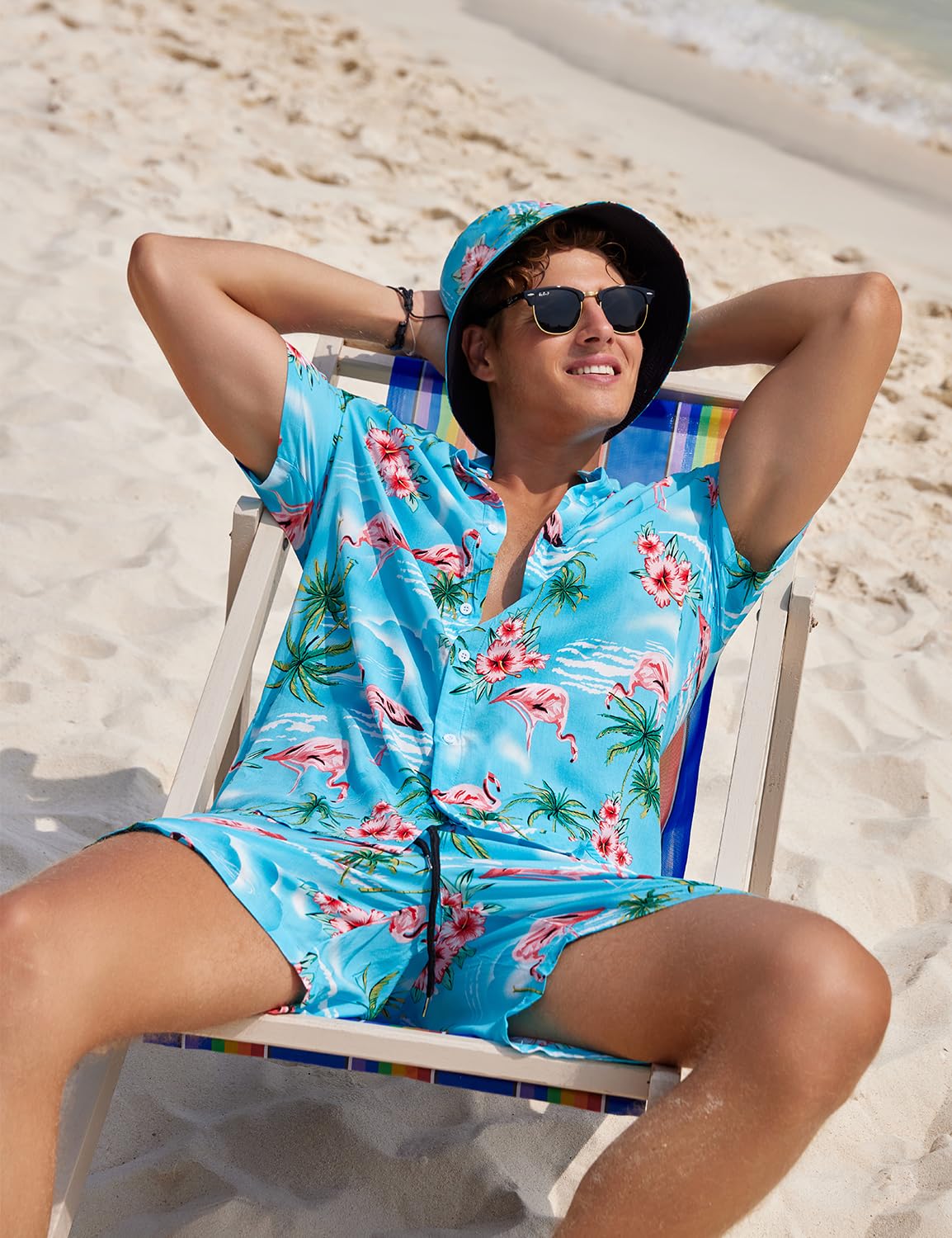 Ensemble de 2 chemises hawaïennes et shorts pour homme - Chemise décontractée boutonnée - Tenue de plage d'été avec chapeau cloche