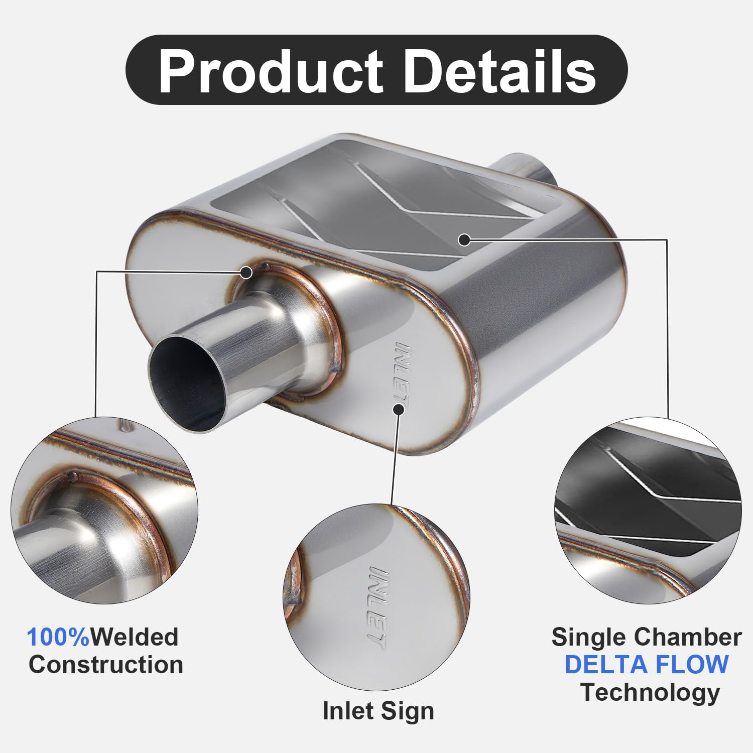 Universal Exhaust Muffler with Aggressive Sound 409 stainless steel Performance Automotive Exhaust Muffler (2.25" center in | 2.25" center out | overall 13")