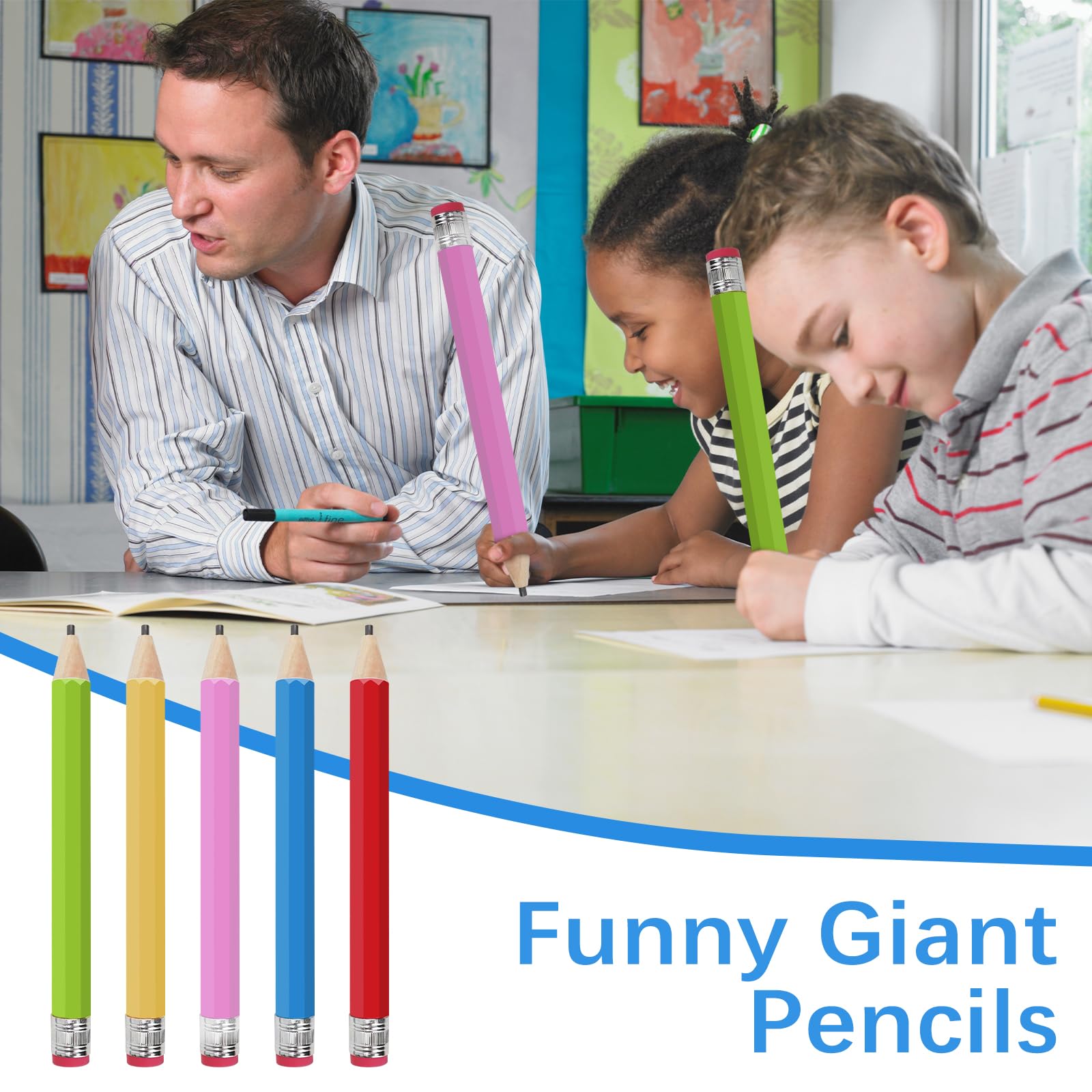Matita Gigante In Legno Jumbo 35 Cm - Matitona Colorata Con Gomma - Cancelleria Divertente Per Bambini E Scuola - 3