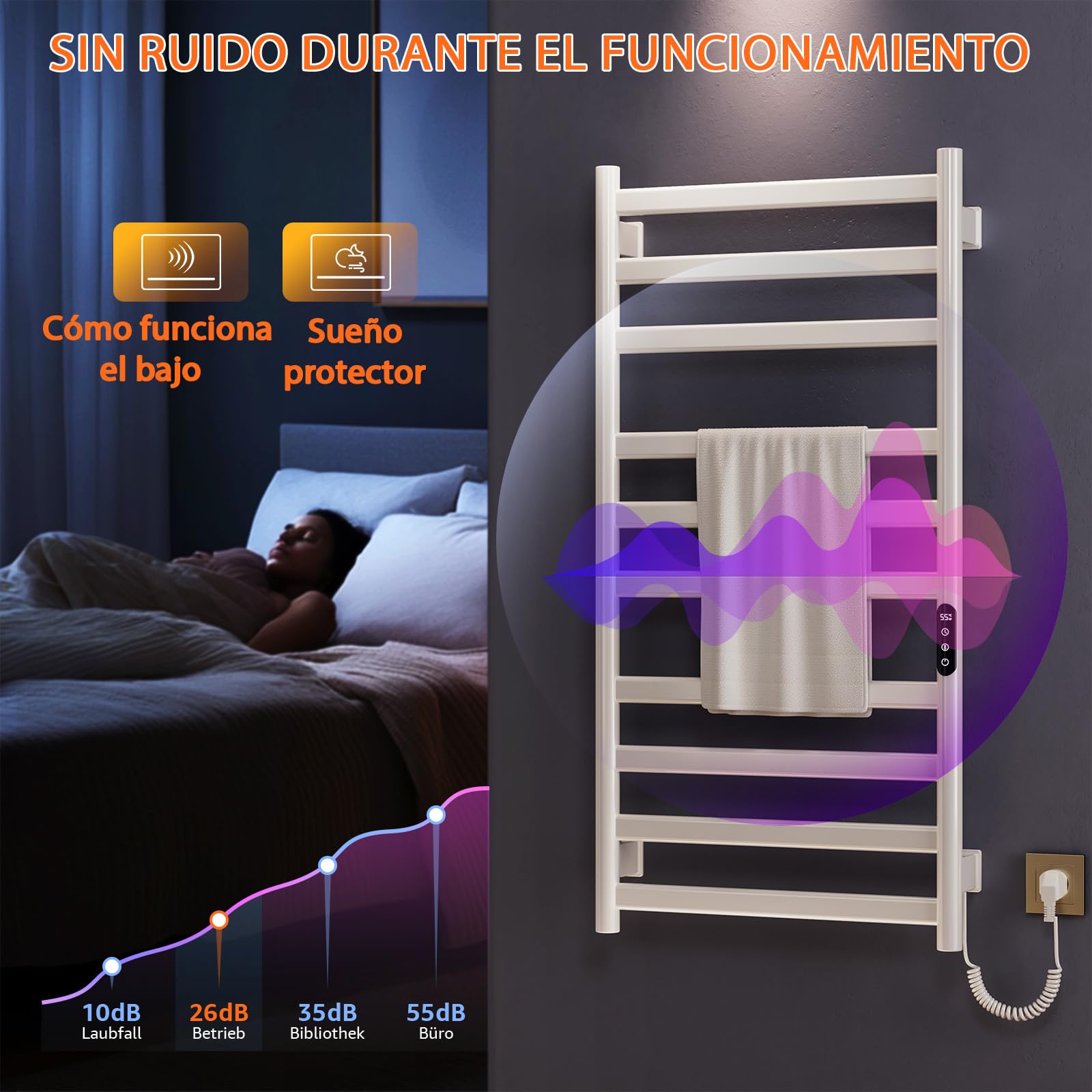 Radiador Toallero Eléctrico Baño, 285 W Radiador Calienta Toallas de Toallero, Toallero Calentado Temperatura Ajustable 30–70 °C, Temporizador 1-9 H y Pantalla táctil LED, IPX4, 50x100cm, Blanco
