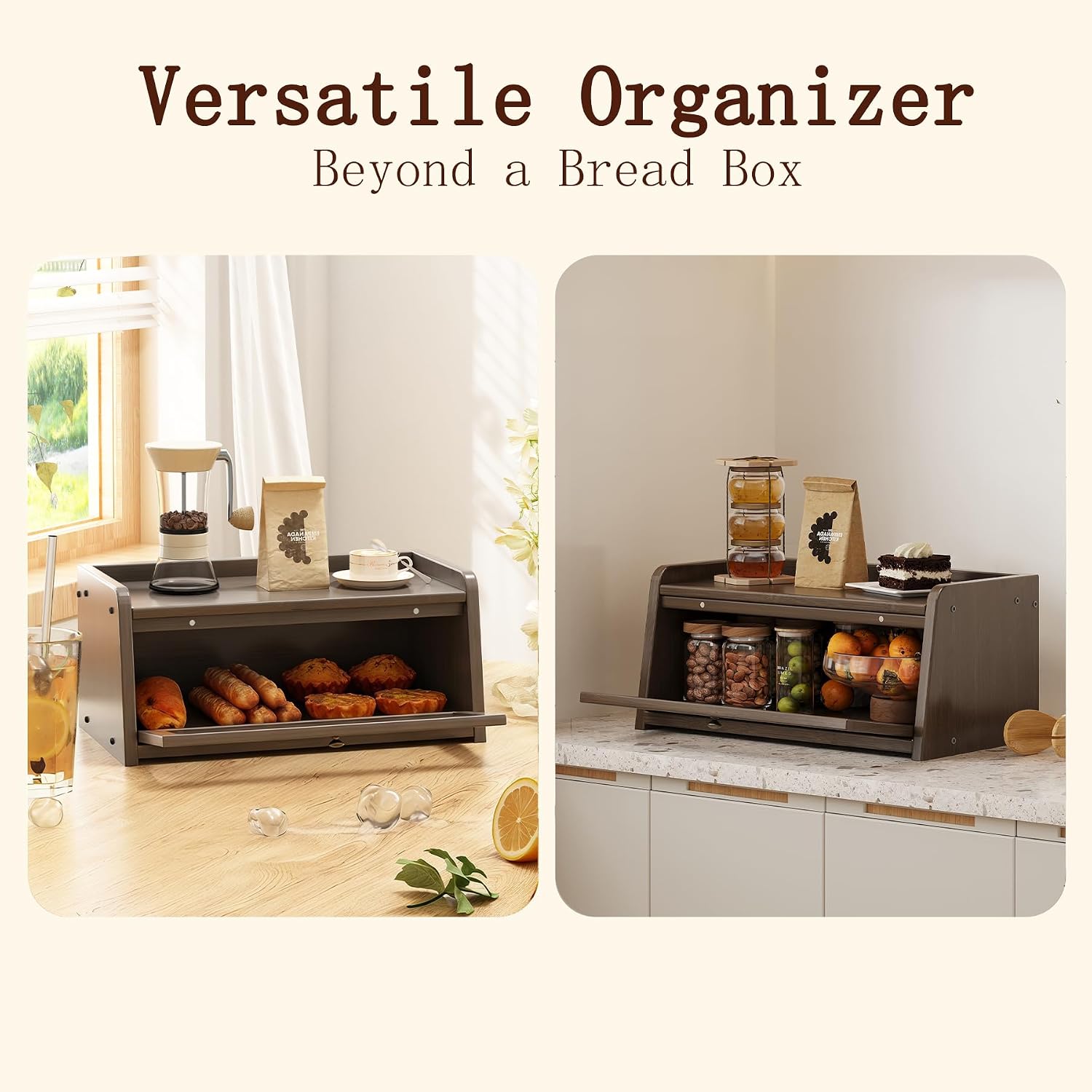 Bamboo Bread Box for Kitchen Counter, Wooden Large Capacity Bread Storage Bin with Window Bread Holder (Single Layer Brown)