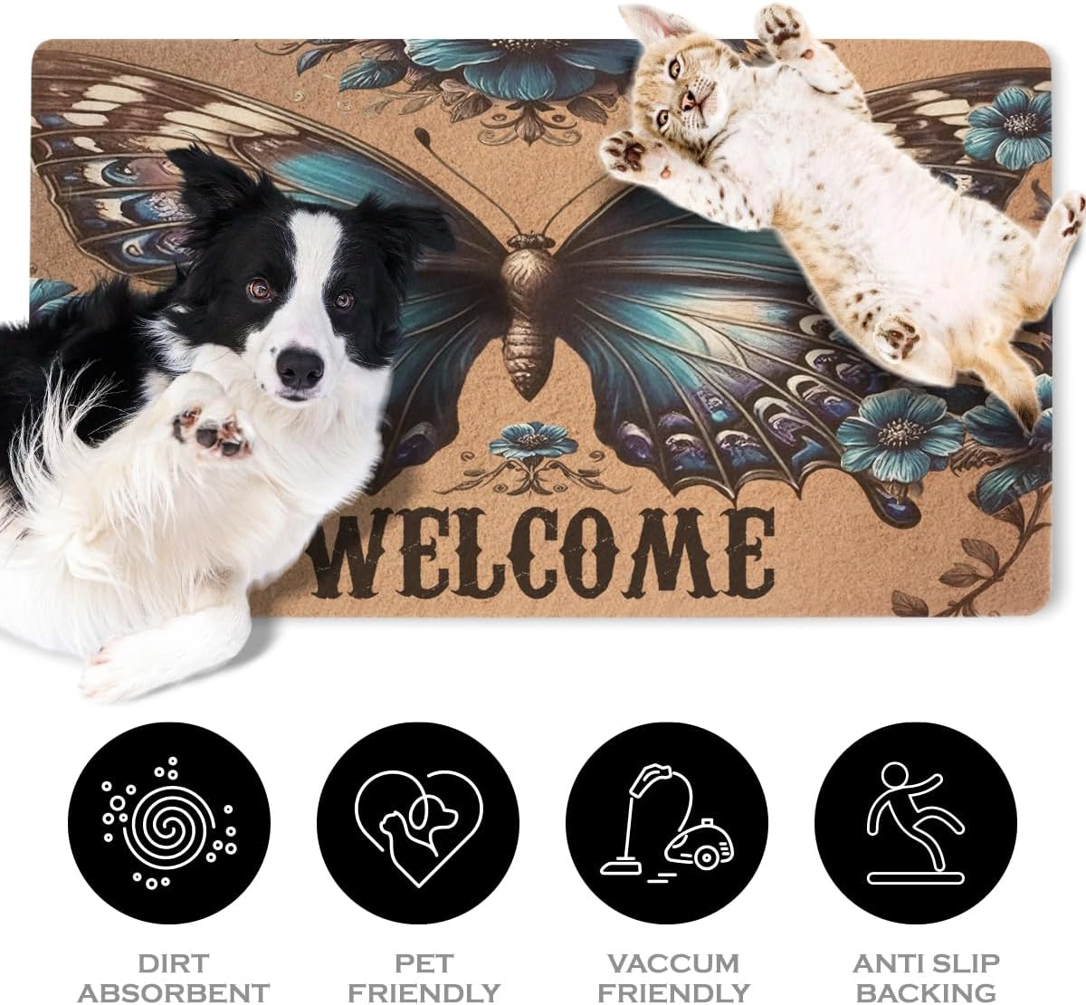 Blue Butterfly Welcome Doormat, Vintage Floral Entryway Rug, Boho Butterfly Welcome Mat for Outdoor Indoor Entrance Home Decor, Faux Coco Coir Durable Doormat with Non-Slip PVC Backing 18x30 Inch
