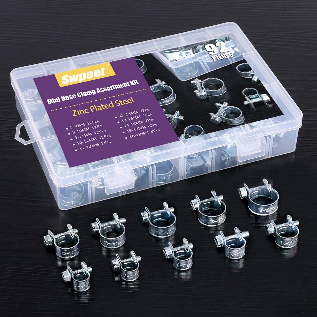 Swpeet 92Pcs 10 Sizes Zinc Plated Mini Fuel Injection Line Style Hose Clamp Assortment Kit Perfect for Automotive, Agriculture, Plant & Construction