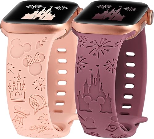 Paquete de 2 correas de silicona suave con grabado de dibujos animados compatibles con Apple Watch de 1.496, 1.575, 1.614, 1.654, 1.732, 1.772
