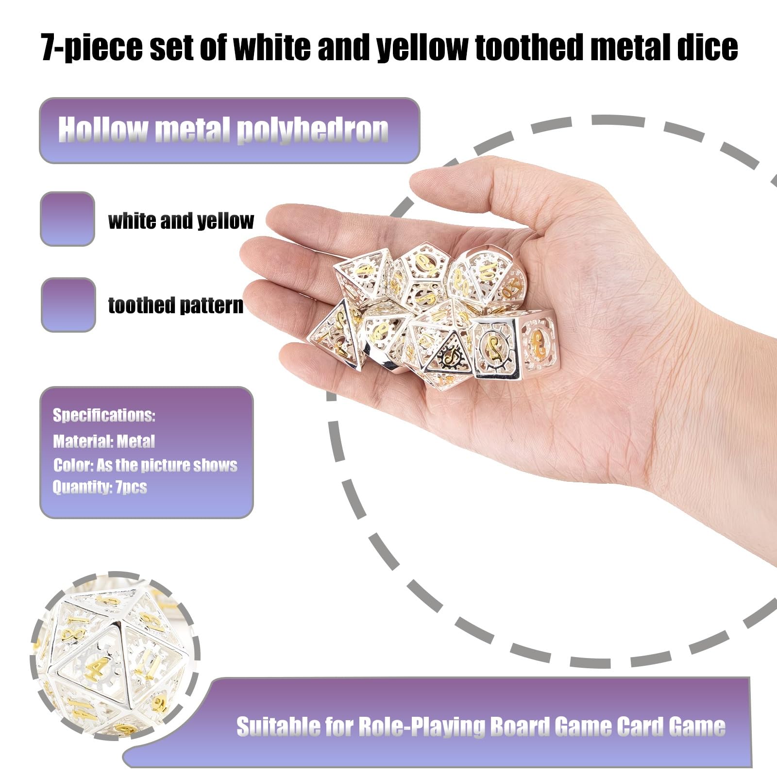 Ensemble de 7 Dés en Métal Dentelés Blancs et Jaunes, Polyèdres Creux, Compatibles avec Les Jeux de Rôle Les Jeux de Plateau et Les Jeux de Cartes