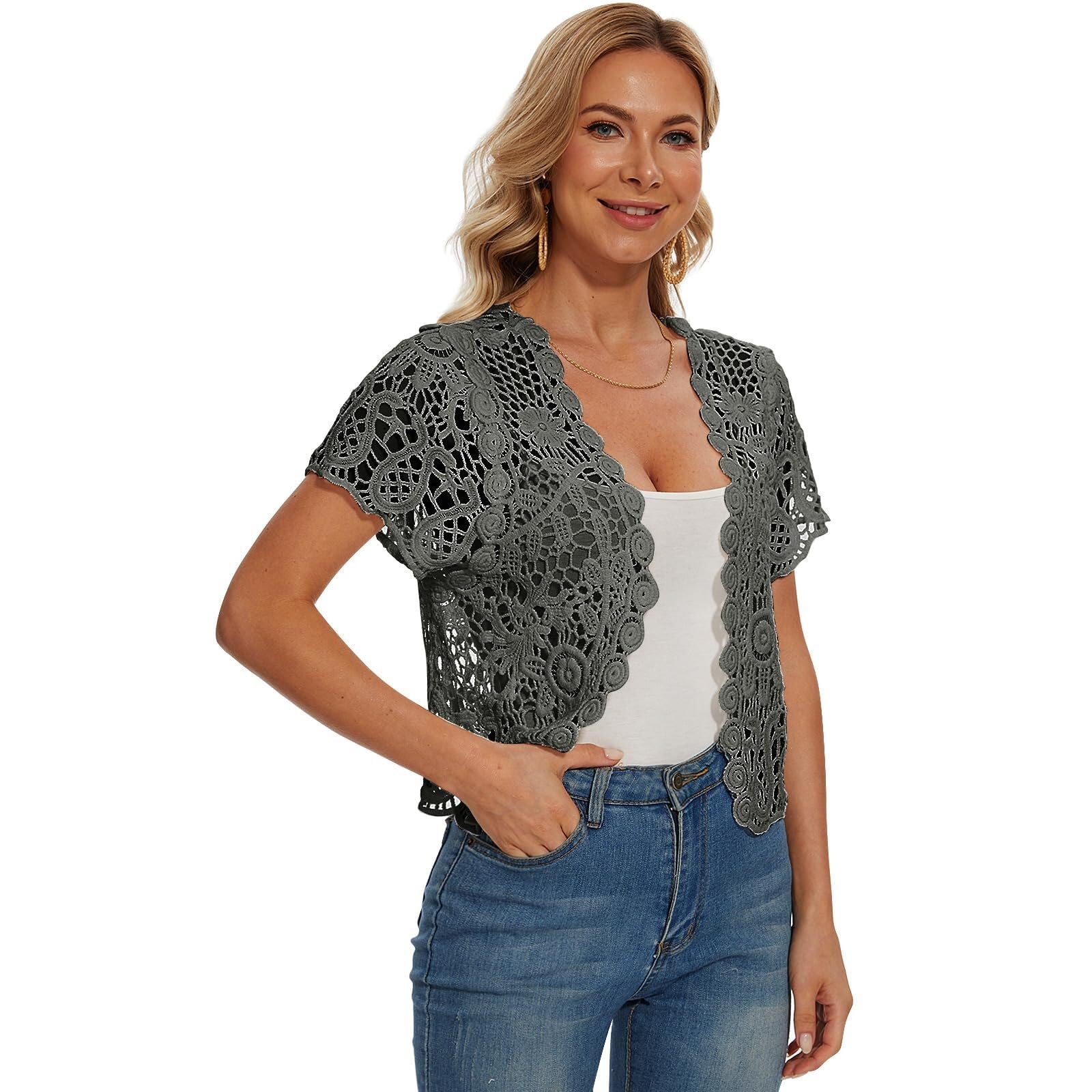 PGPBVLVGHM Women’s Short Sleeve Lace Shrugs Cardigan Crochet Sheer Crop Jacket(grey,M)