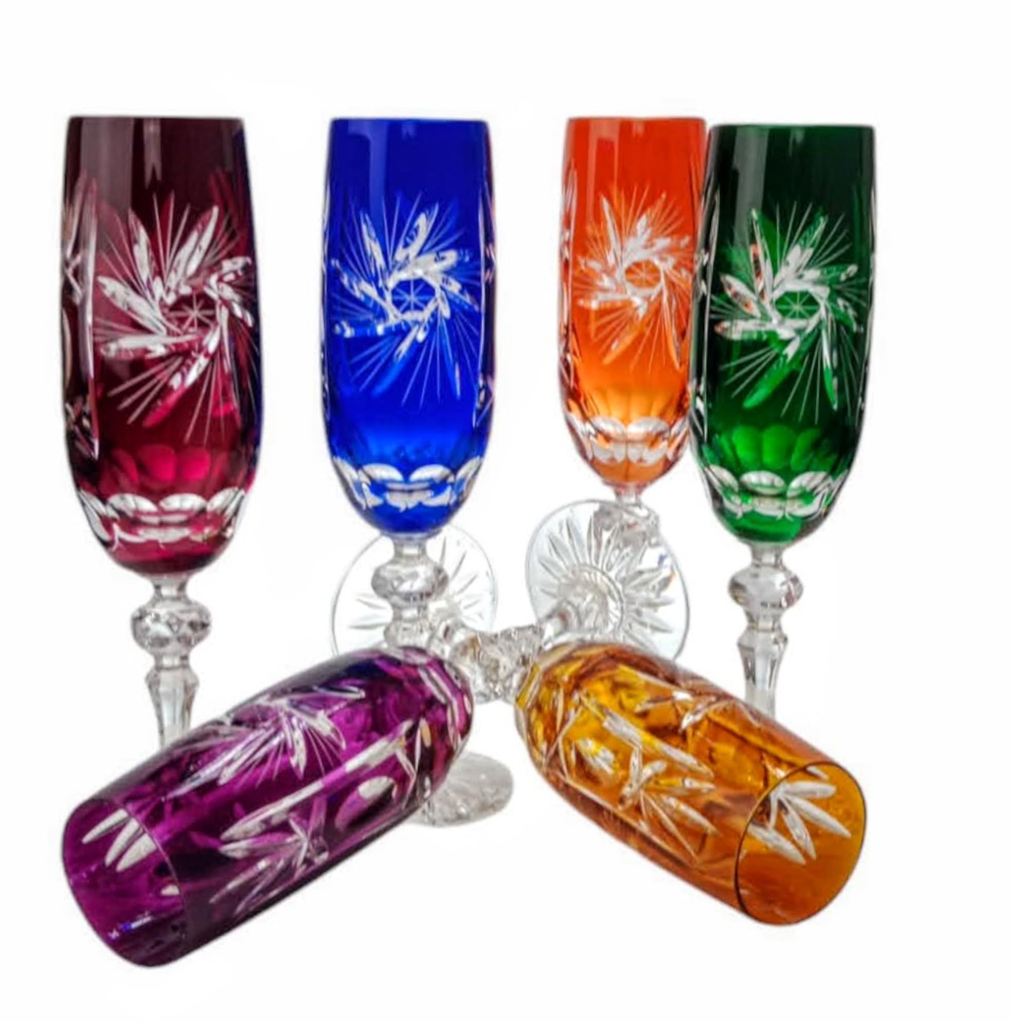MaRika Mix Set Set de verres à champagne en cristal - 170 ml, fait à la main - Ensemble de 6, couleurs vives et idée cadeau parfaite pour des occasions élégantes