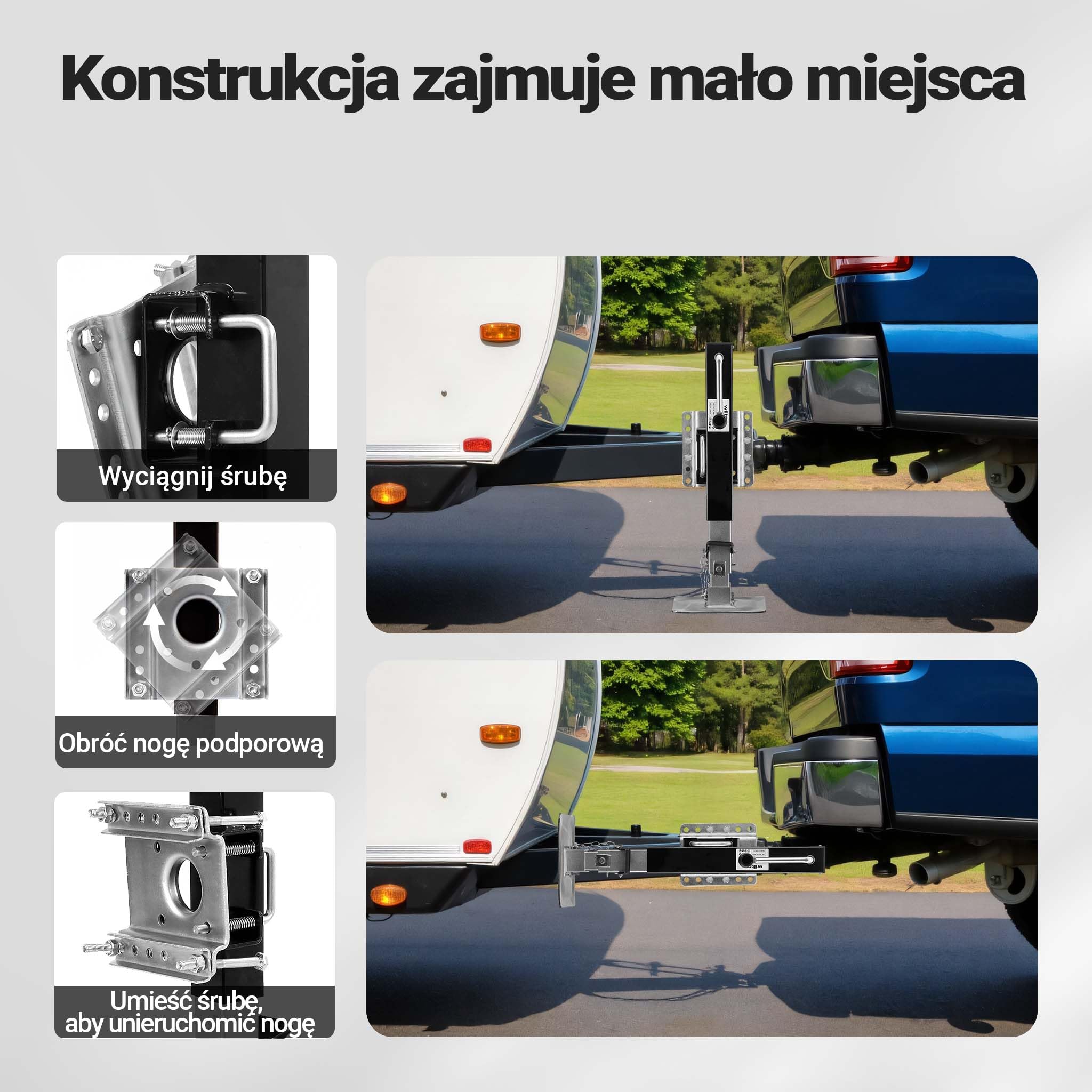 Wiltec Podpora o nośności do 900 kg z korbą do regulacji wysokości i bocznym uchwytem obrotowym, postojowa do przyczepy kempingowej