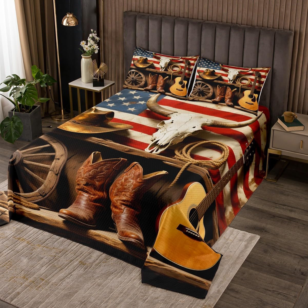 American Flag Bedspread Twin Size,Cowboy Hat Bedding Sets 2Pcs for Kids Girls Boys Room Decor,Farmhouse Rustic Comforter Set Western Country Quilt Coverlet,1 Pillowcase