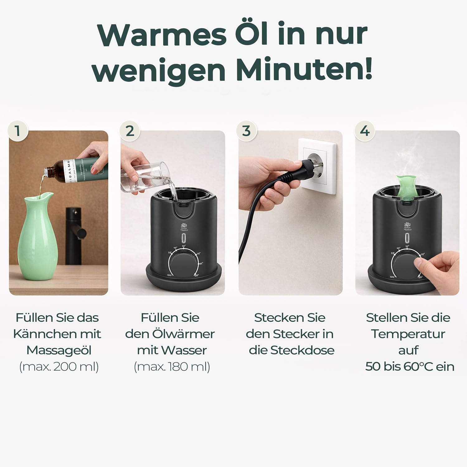 Relax Master Massageölwärmer Keramik-Ausgießkanne Einstellbare Temperatur 33–100 °C Schnelles Aufheizen Bain-Marie-System BPA-frei