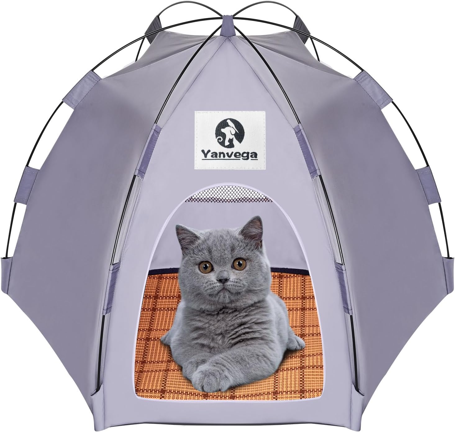 Yanvega Cat Tent Cat Beds for Indoor Cats Pet Supplies, 23.6" × 23.6" × 16.8" Cat Pop Up Tent Collapsible Cat House Cat Cave Outdoor, No Assemble Required High Elastic Frame with Ground Nail ?Gray?