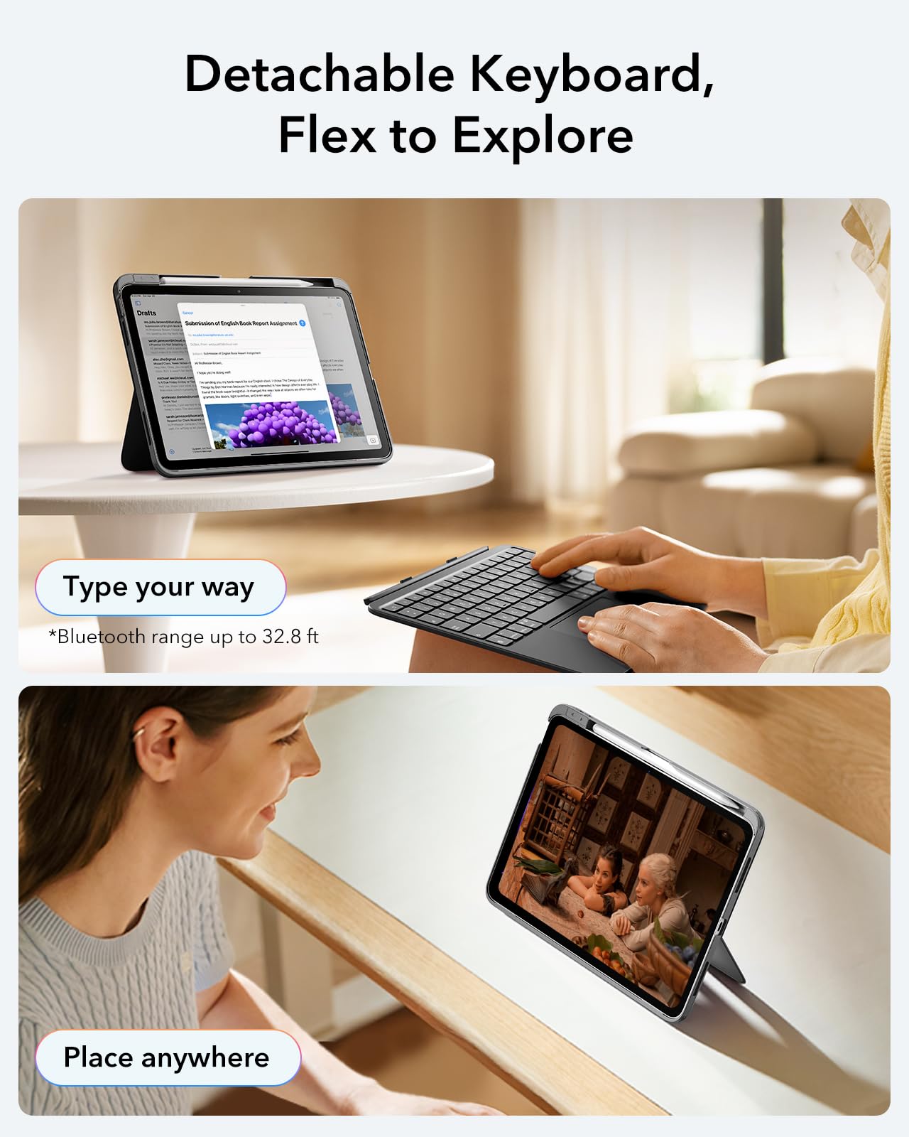 ESR Custodia per iPad Air 11" (M3/M2) e 5./4. Gen Flex con tastiera, tastiera magnetica ultra leggera, con modalità di scrittura e visualizzazione, grande trackpad di precisione, grigio scuro