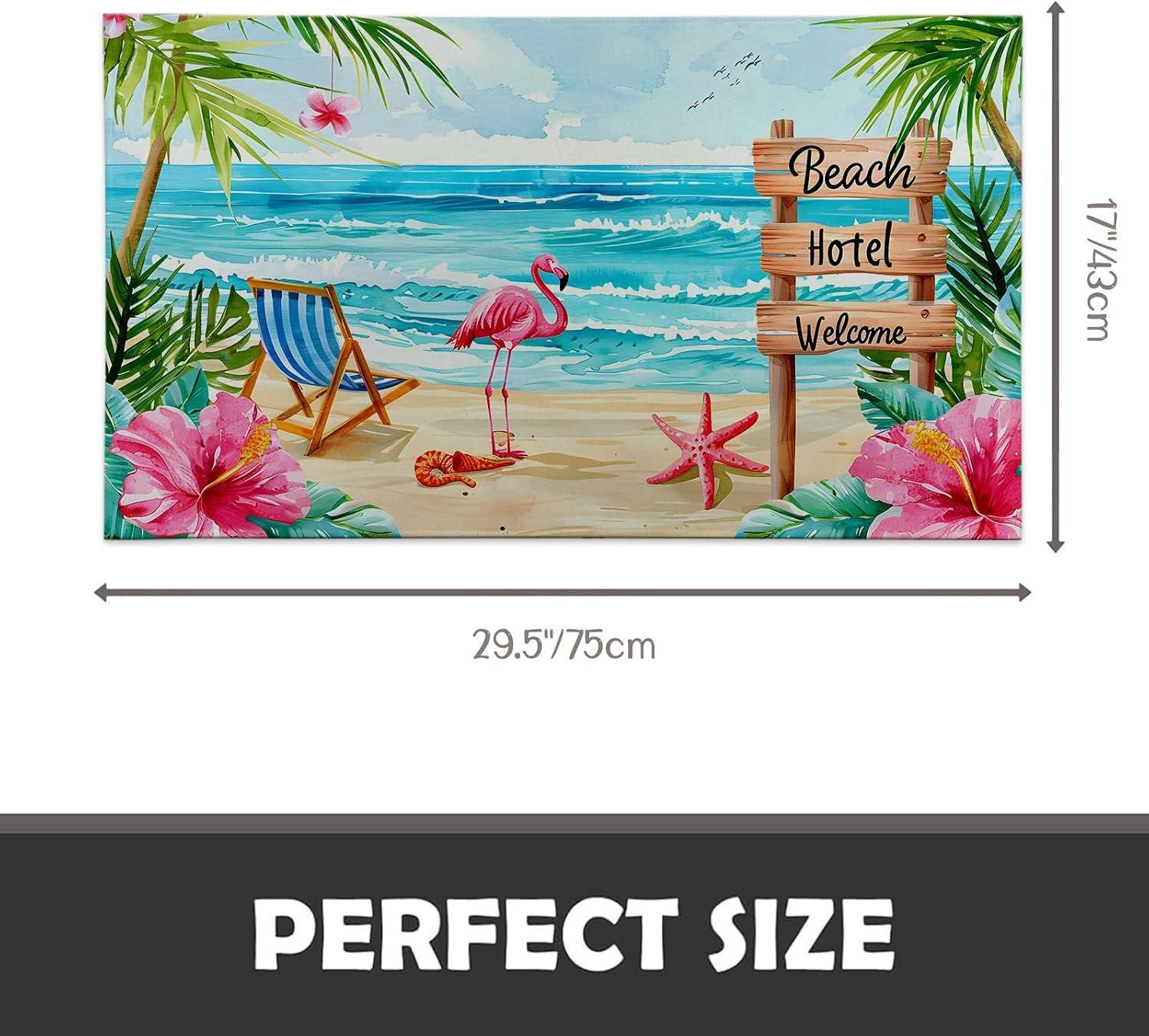 Beach Hotel Welcome Indoor Door Mat, 17x29.5 Inch, Floor Area Rug for Entryway, Living Room, or Bathroom, Non-Slip Doormat, Summer Flamingo and Tropical Flower Design Home Decor Rug Gifts