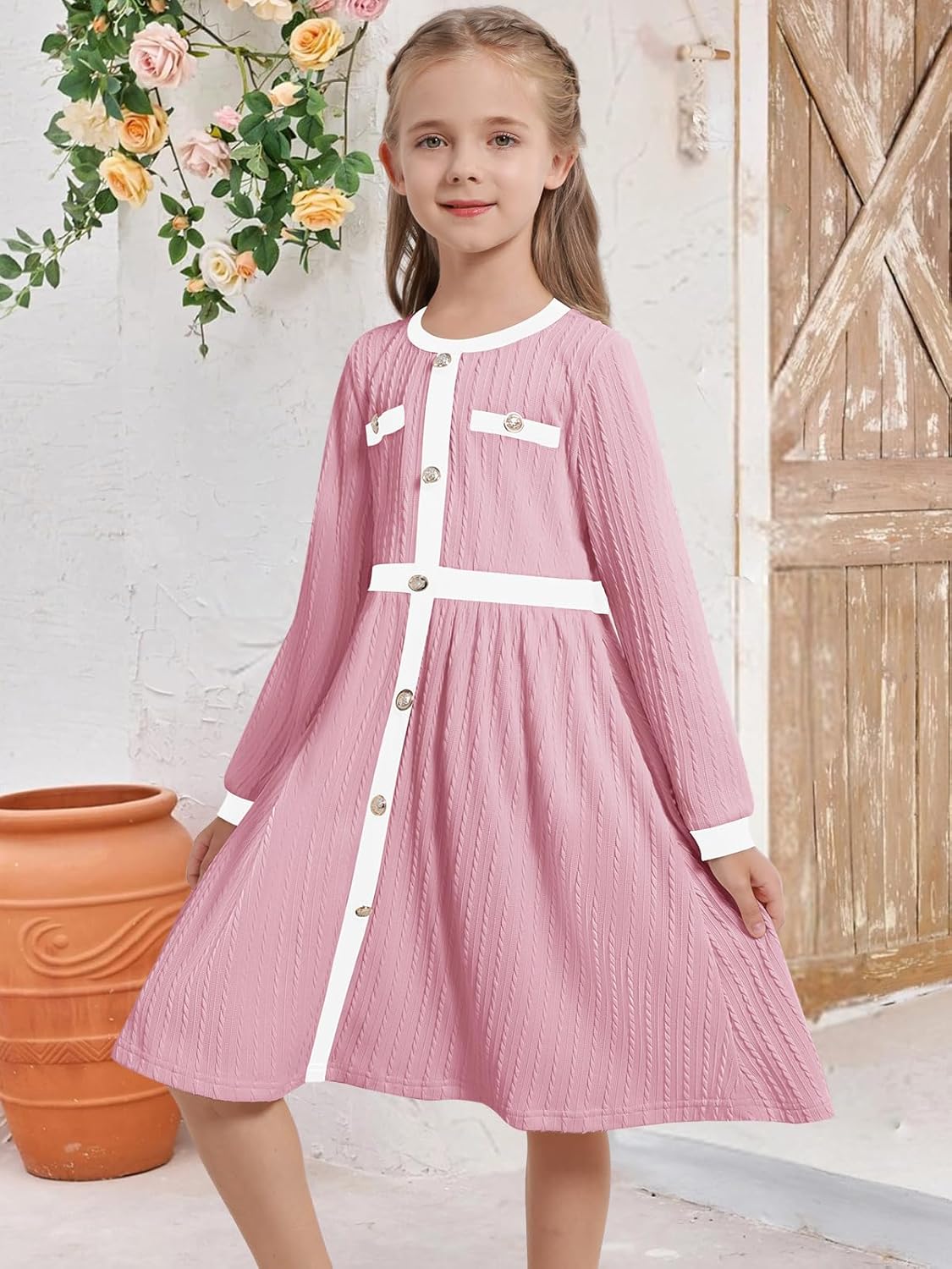 Girls Color Block Long Sleeve Dresses Ribbed Knit Button Front Pleated A-Line Dresses 5-12Y - Image 3