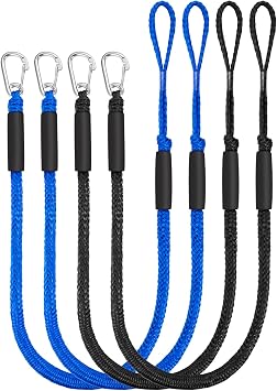 4 Feet Bungee Dock Lines for Boats, Heavy Duty Mooring Rope with Stainless Steel Clip & Adjustable Loop for Jet Ski, Pontoon, PWC, Kayak 2 Black & 2 Blue