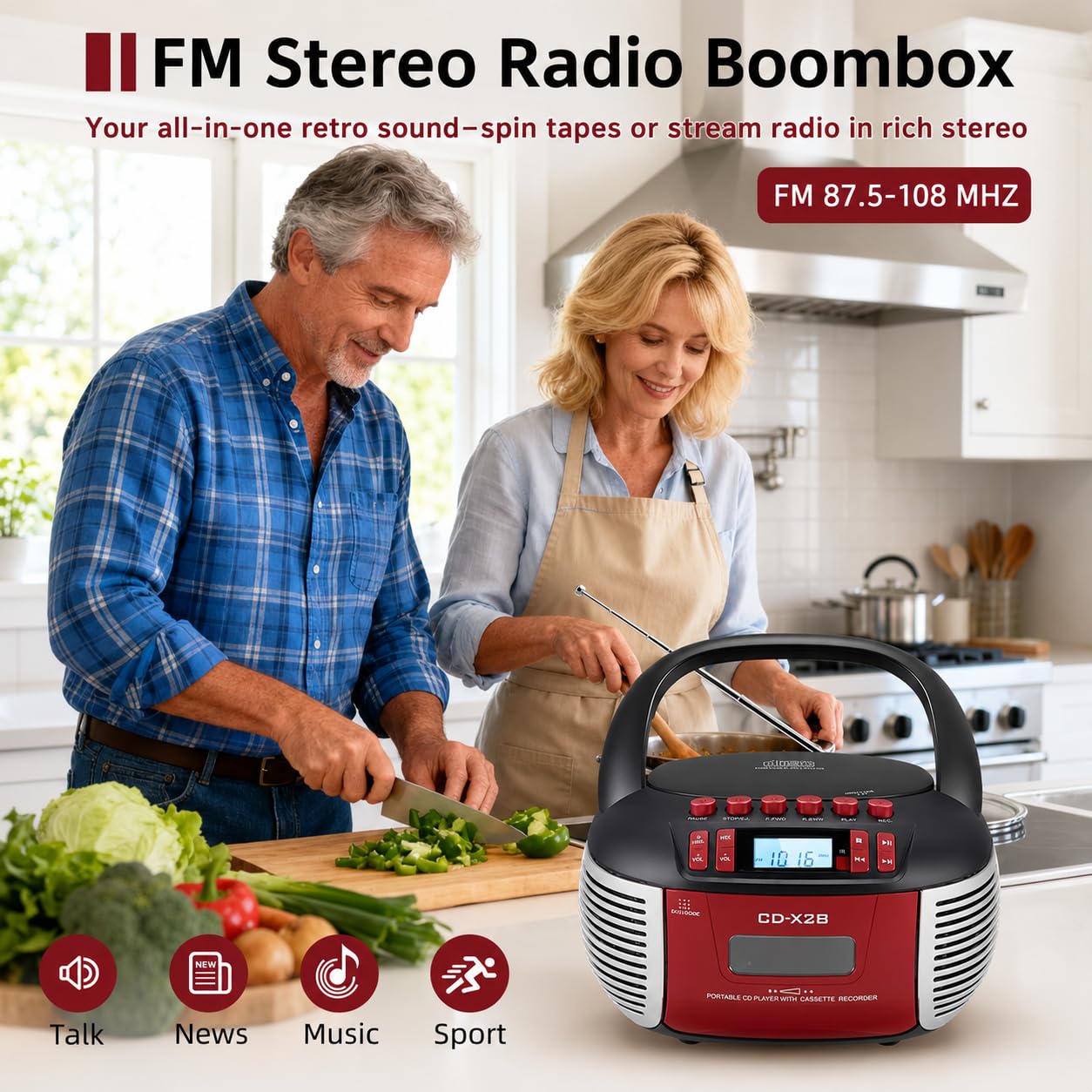 Boombox CD i kaseta z Bluetooth, radiem AM/FM i USB