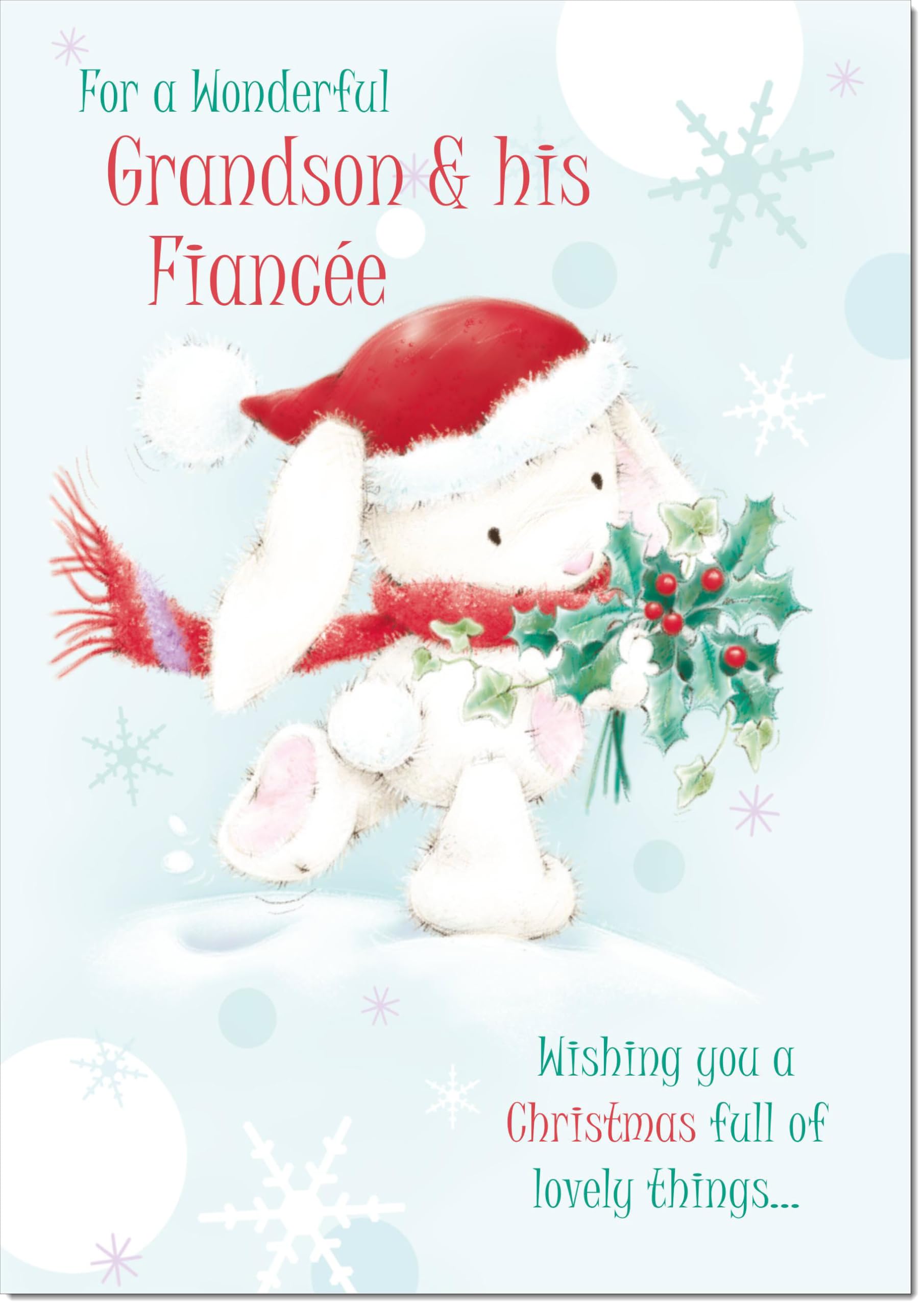 doodlecards Grandson and Fiancee Christmas Card Cute Rabbit with Holly Large A4 Size Christmas Card for Grandson & Fiancee with Plain Envelope — image 1