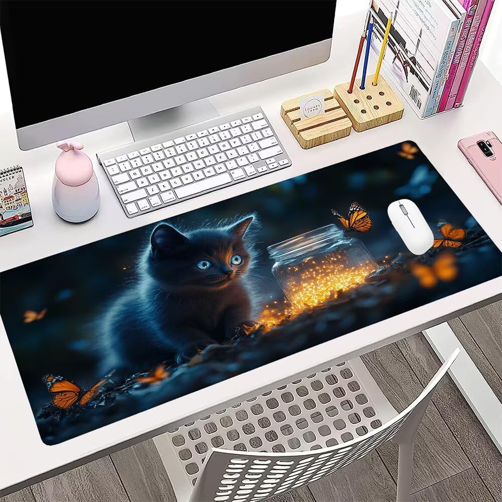 Alfombrilla de Mouse para Juegos, Nero, XXL, Antideslizante, Impermeable, Diseño de Gatto, Extendido, Grande, 1200x600x3mm, para PC, Laptop, Ufficio, Famiglia d-425