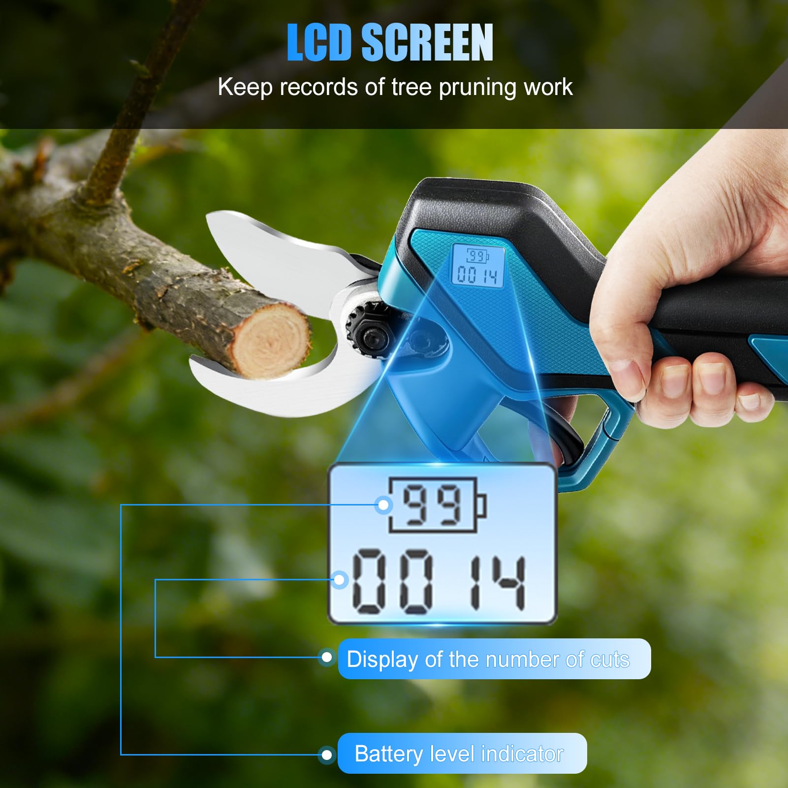 Batería Astschere de 40 mm, Tijeras de Podar Eléctricas con 21 V 2 baterías 2000 mAh, Cuchillas SK5, Pantalla LED, Tijeras de Podar Profesionales sin Escobillas para Jardinería Ramas Arbustos Troncos