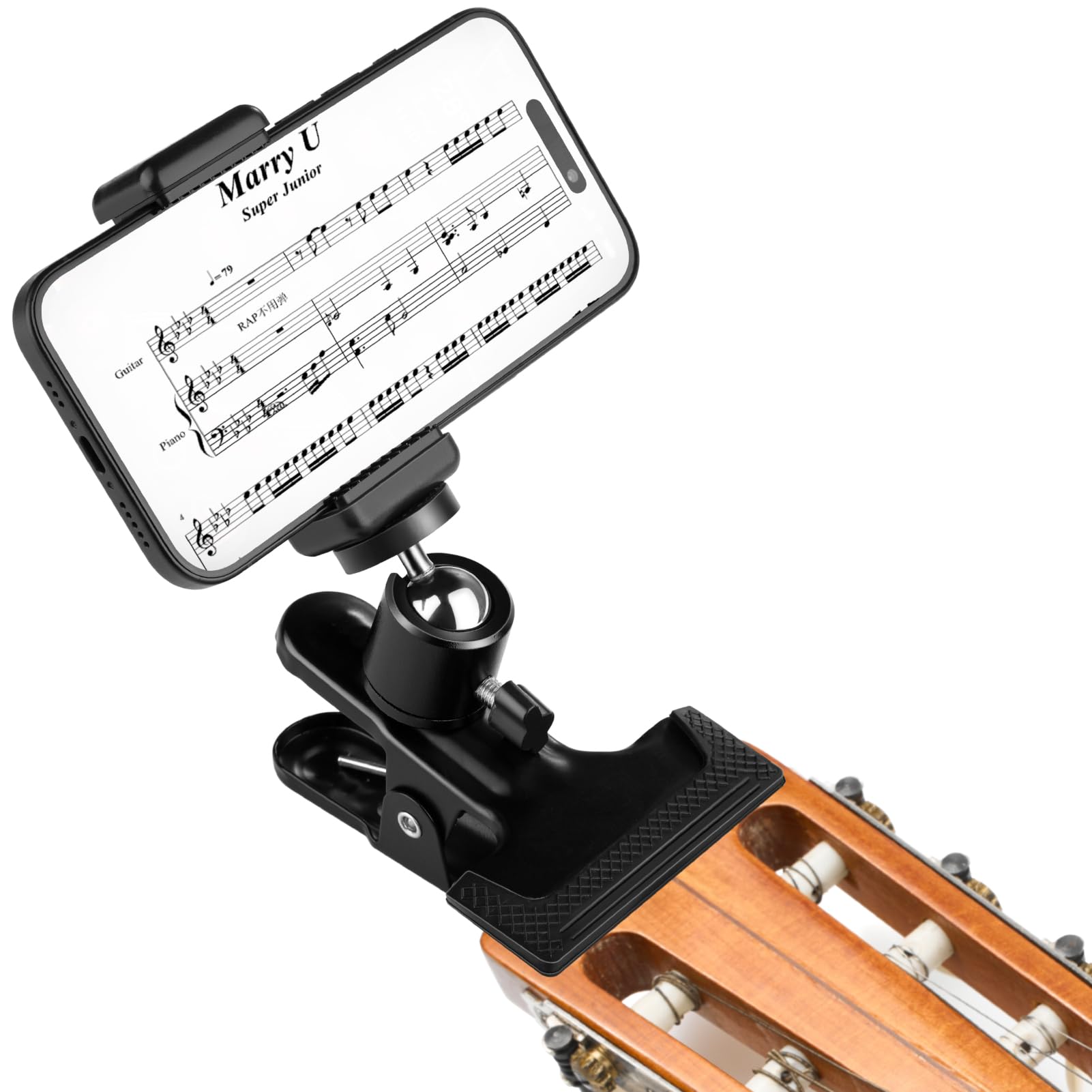 Guitar Bass Head Phone Holder Cell Phone Stand Live Broadcast Bracket Clip Clamp Phone Mount with 1/4 Ball Head Adapter Universal for Bass Ukulele Compatible with iPhone Samsung Smart Phones-image-36