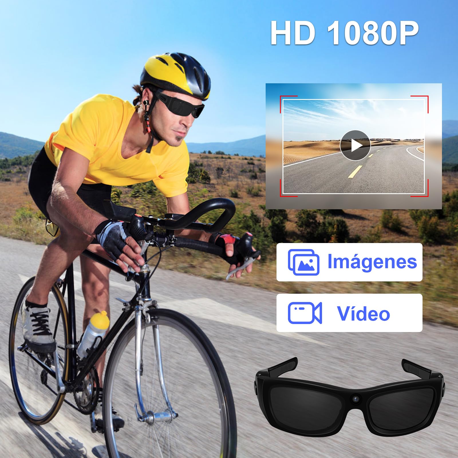 CYI Cámara Deportiva con Gafas de Sol - Action CAM 1080P Bluetooth 5.0, Videocámara Impermeable con Llamadas/Música, 100 Min Autonomía, para Ciclismo/Moto/Running (Incluye Auriculares)
