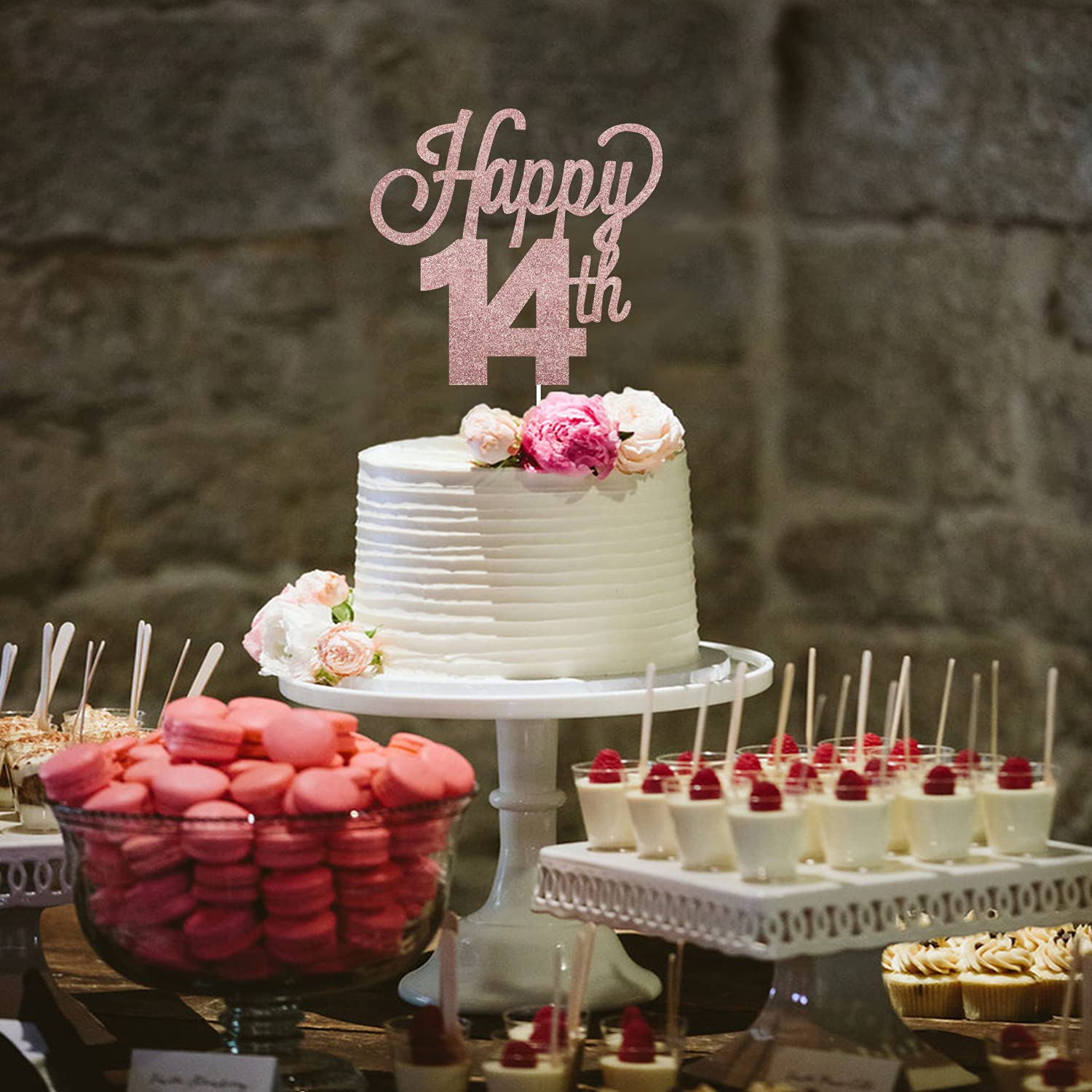 LINGTEER Decorazione Per Torta Con Scritta Happy 14th Birthday, Strass Argento, Set Da 8 Centrotavola A Nido D'ape Per Festa Di Compleanno