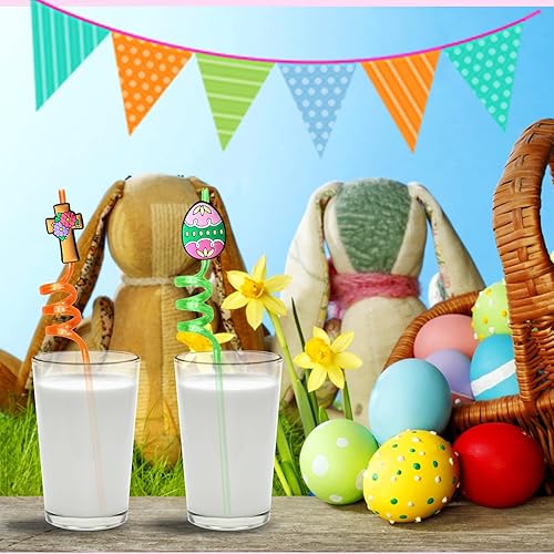 Miniatura 7 de YQUQWN, 24 popotes de Pascua reutilizables, huevos de conejo, pollito este, fiesta temática de beber, pajitas de plástico para suministros de fiesta