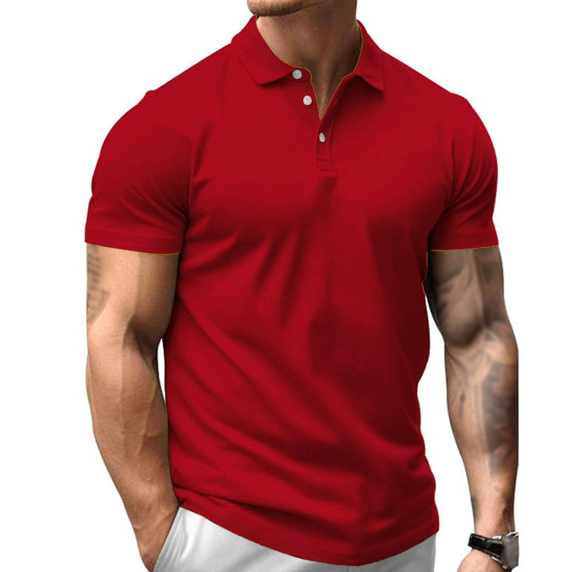 Men Short Sleeve Fashion Lapel T-Shirt Casual Slim Fit Solid Trendy Polo Shirts Summer Quarter Button Pullover Tops (Red,X-Large)