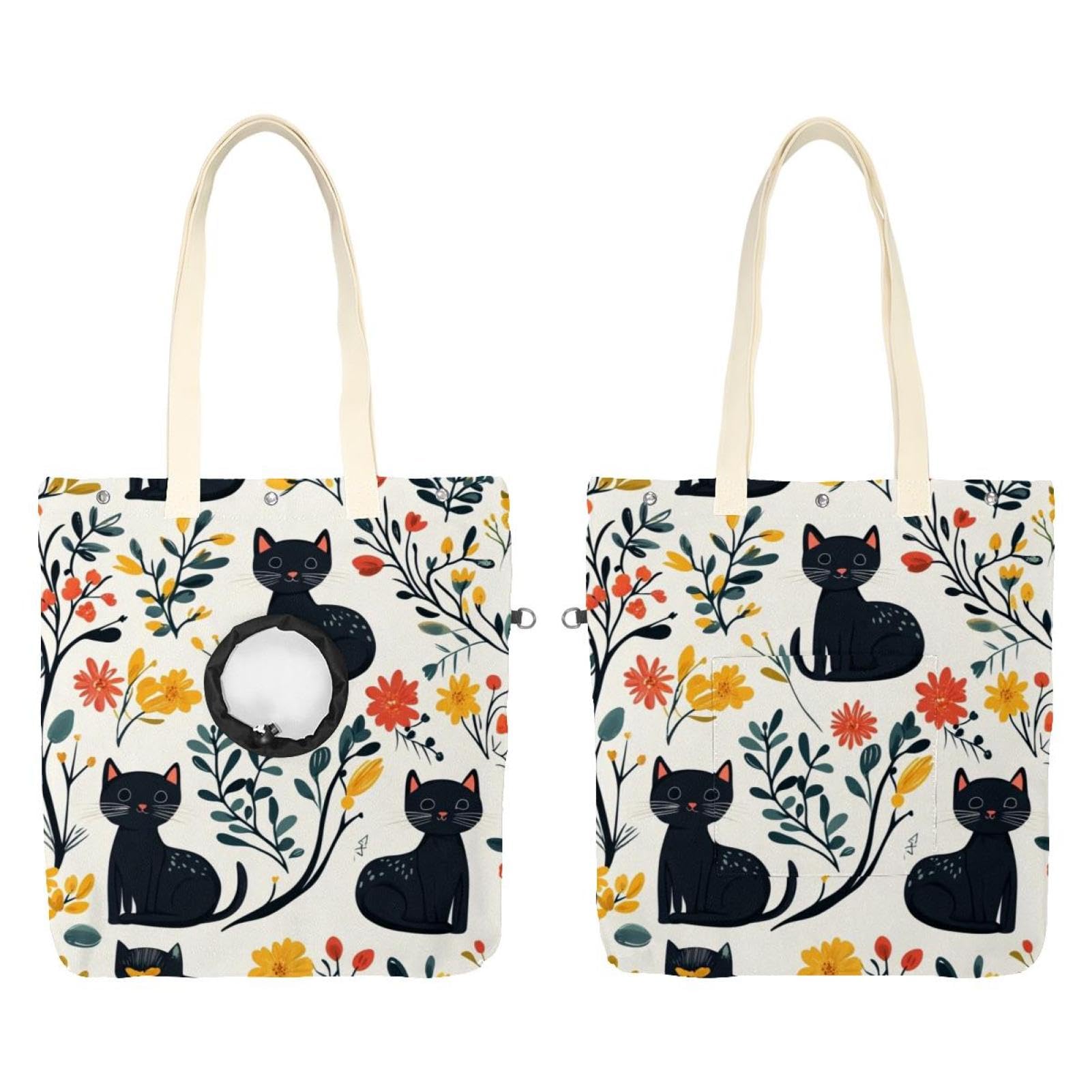 Bolsa de hombro para mascotas estilo bandolera de lona estampada con patrón floral y felino