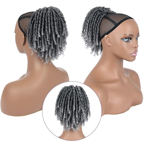 Miniatura 7 de Oseti Cola de caballo corta gris con cordón para mujeres negras, 6 pulgadas, cola de caballo rizada gris, extensiones de cabello con clip en colas