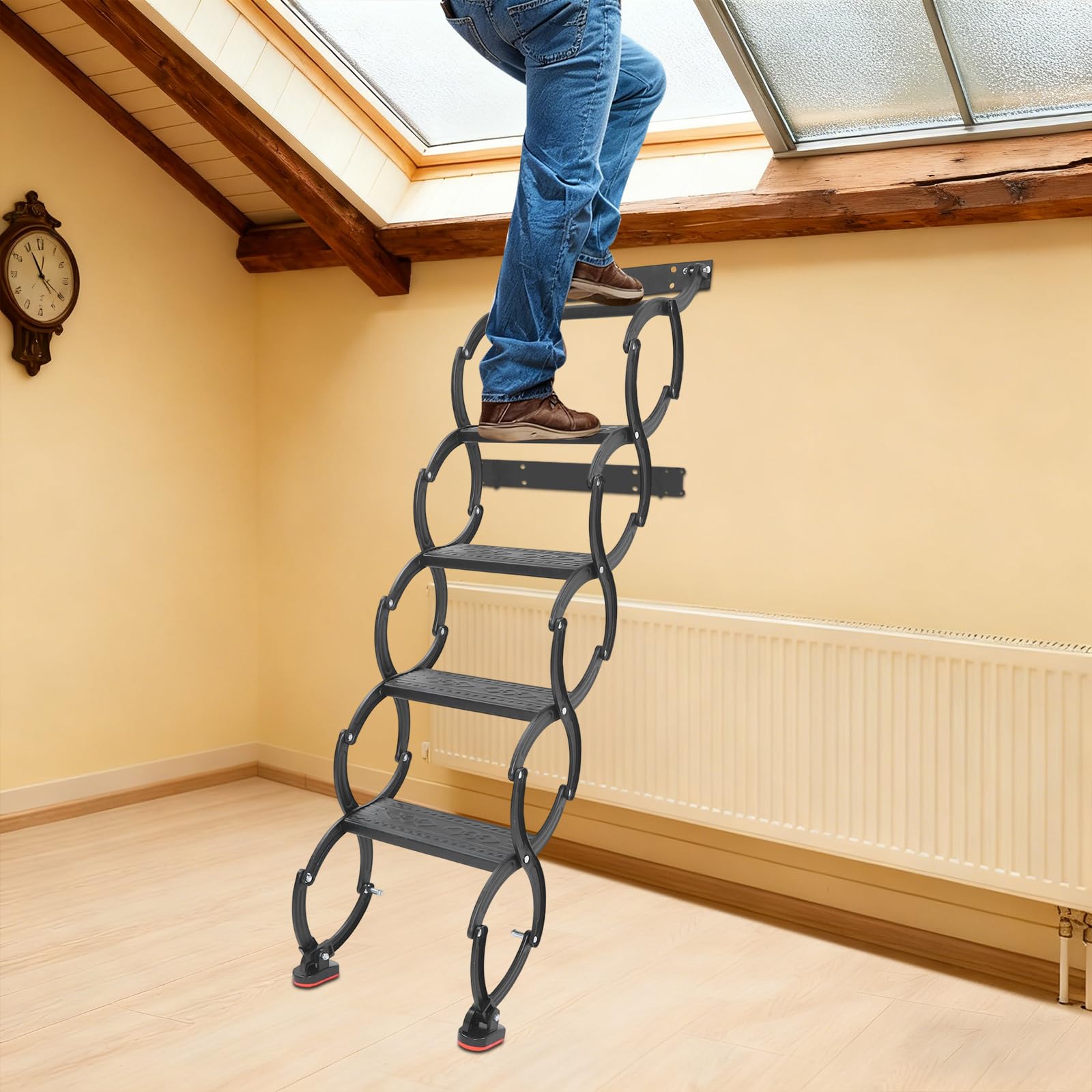 Scala da tetto a 5 gradini, a parete, estraibile, per soffitta, a parete, con gradini antiscivolo, scala per soppalco, scala telescopica, portata 200 kg