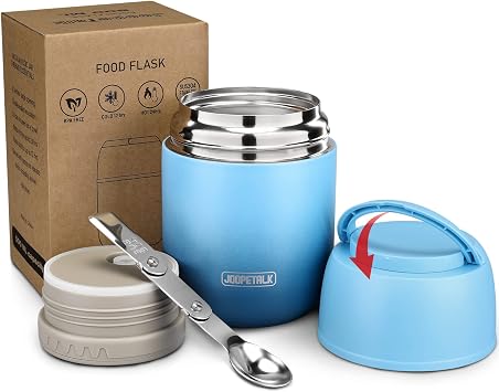JOOPETALK 17 oz Insulated Lunch Containers, Hot Food Jar, Wide Mouth, Vacuum Stainless Steel Thermo Lunch Box with Handle and Folding Spoon, Blue