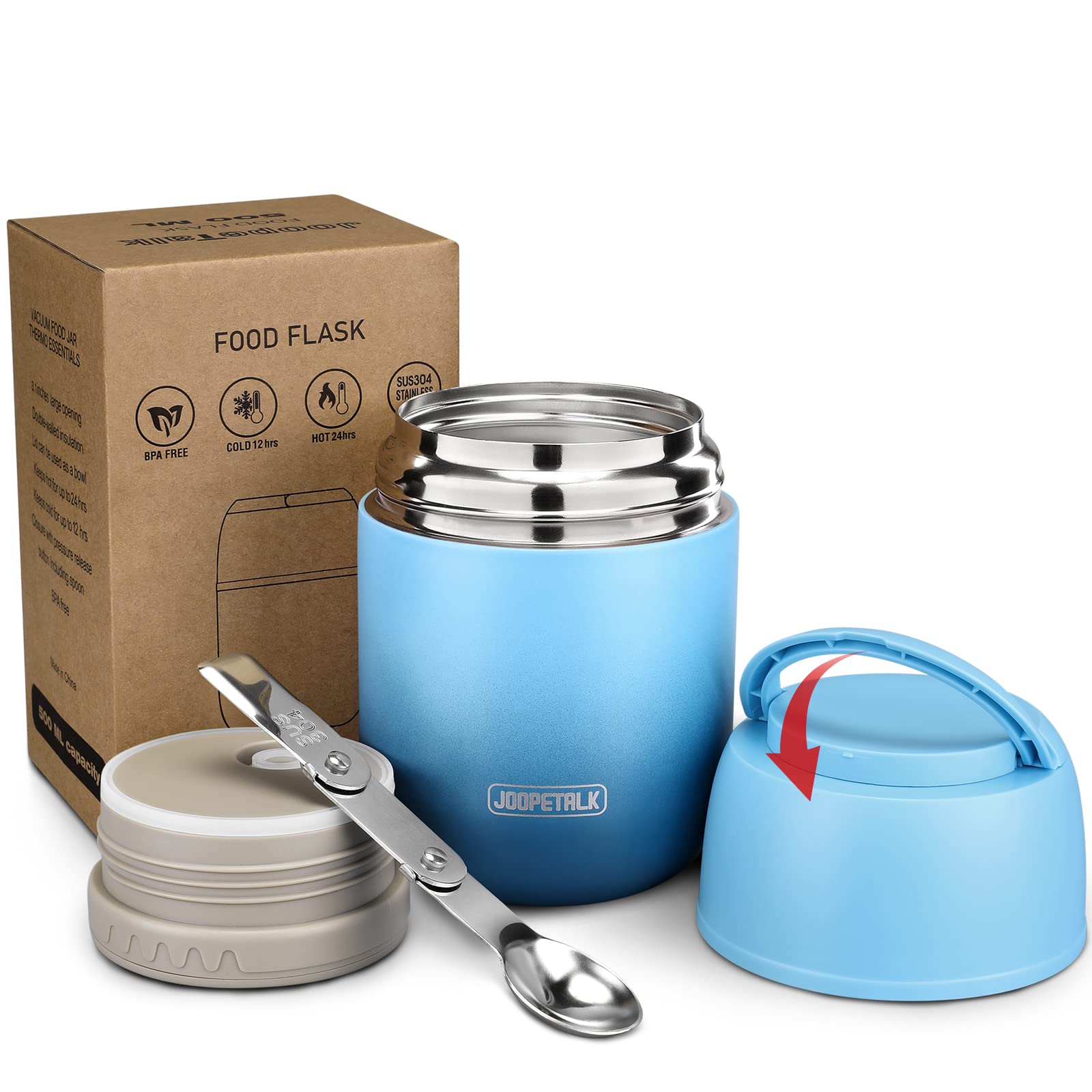 JOOPETALK 17 oz Insulated Lunch Containers, Hot Food Jar, Wide Mouth, Vacuum Stainless Steel Thermo Lunch Box with Handle and Folding Spoon, Blue
