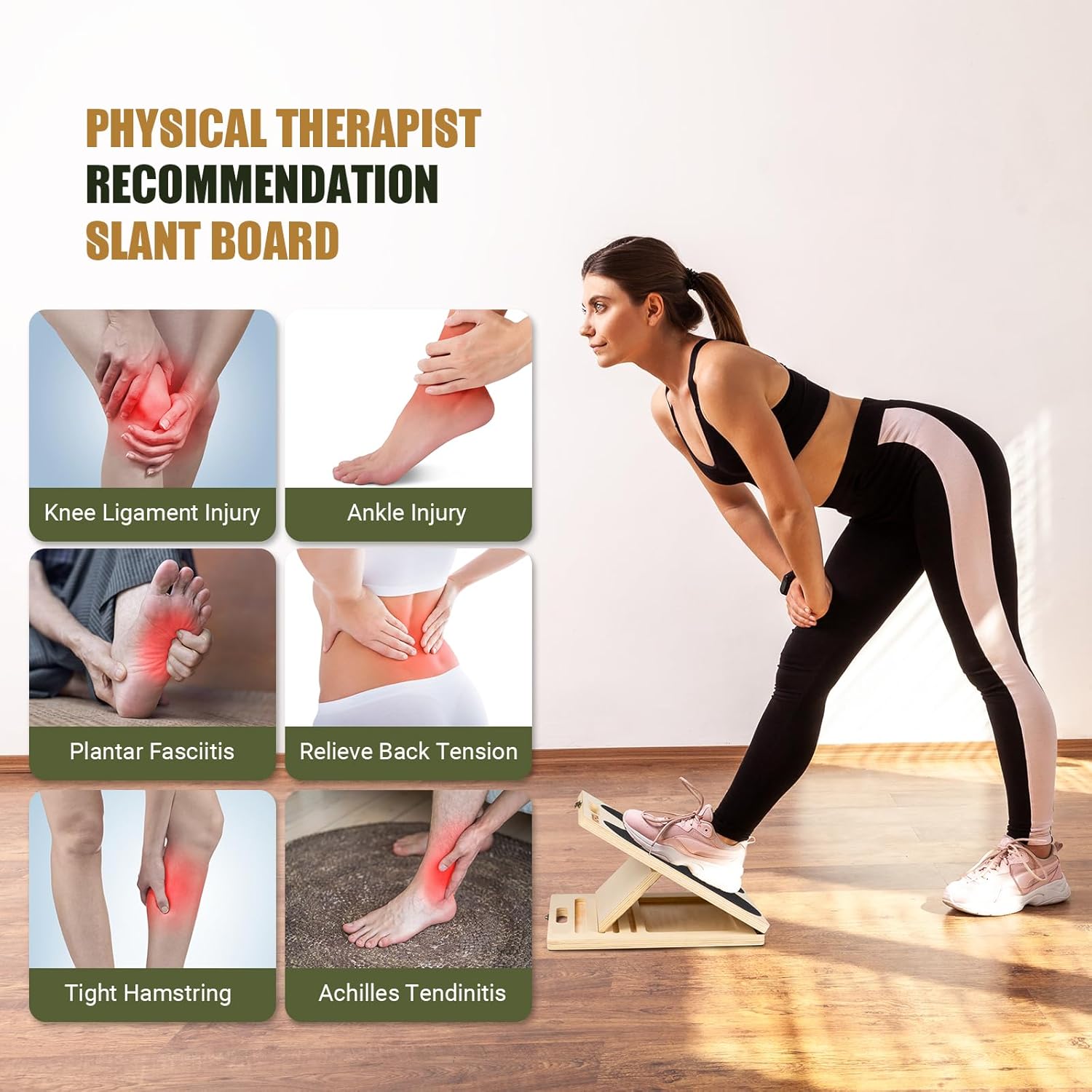 Slant Board for Calf Stretching, Adjustable Portable Wooden Incline Board for Calf Stretcher with Training Poster, 300 Lbs Weight Capacity Calf Stretch Wedge for Leg, Knees, Heel, Ankle & Stretching