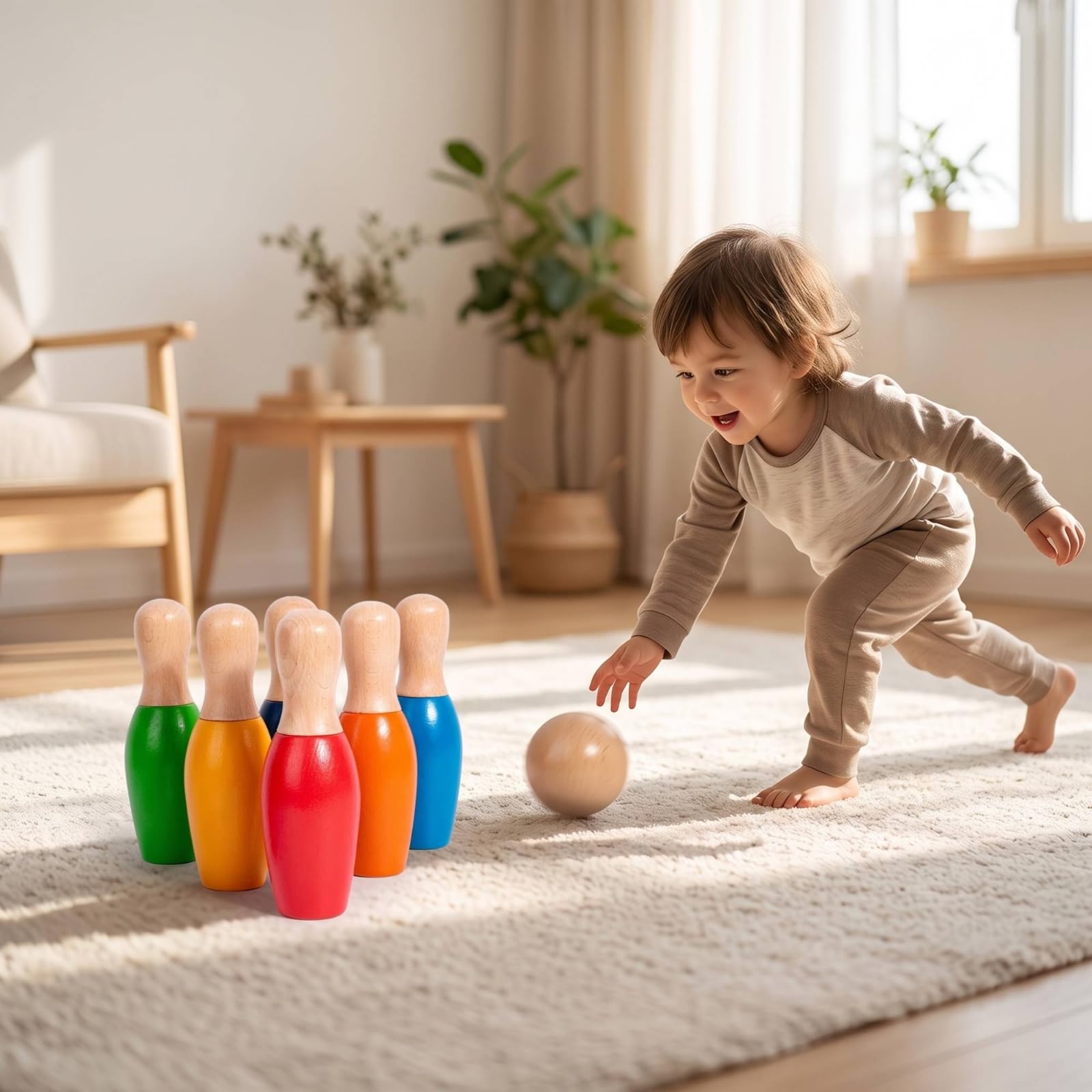 Jeu Bowling en Bois Robuste Jeu Quilles en Bois Sûr Jouet pour Enfants, Tout-Petits, Maternelle