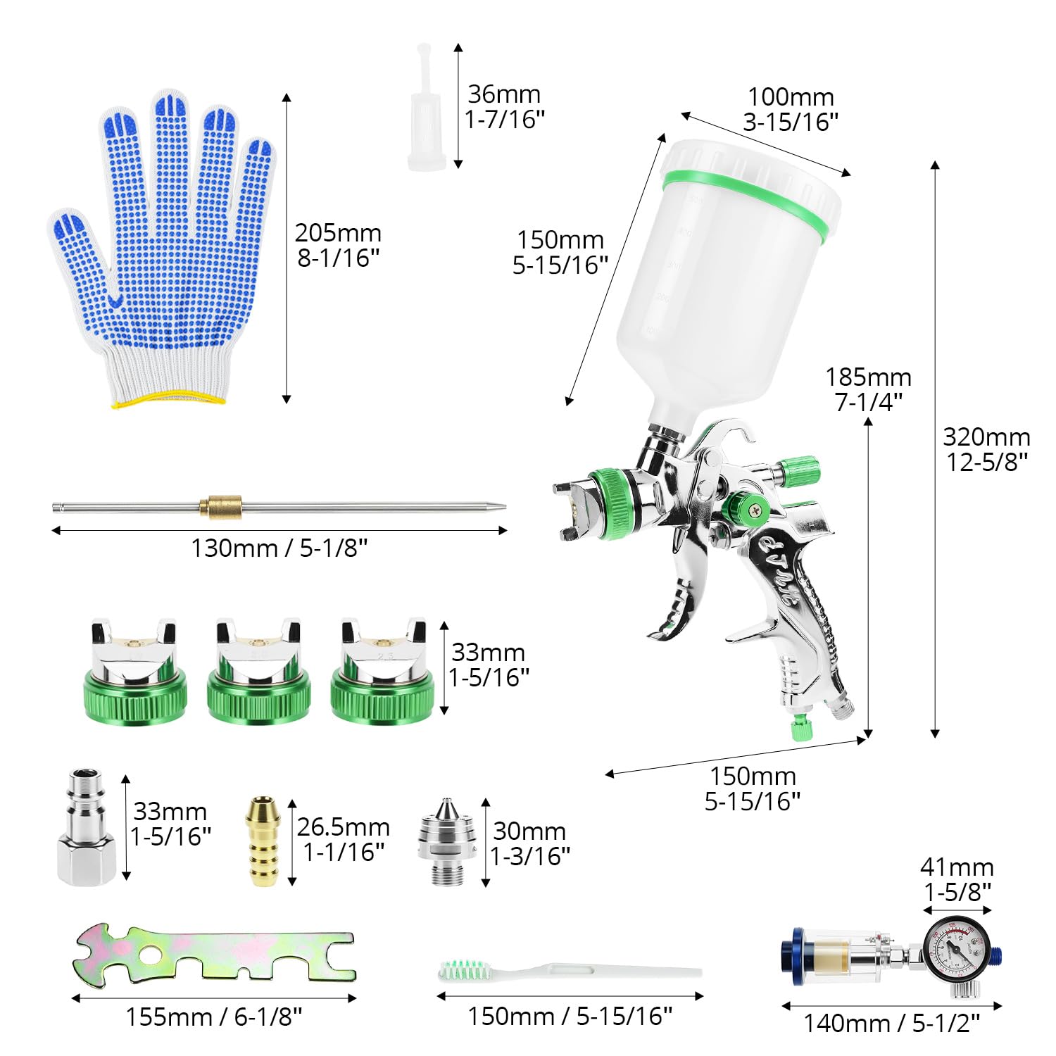 QWORK® HVLP pistola a spruzzo per verniciare kit, pistola spruzzatrice pneumatico con bicchiere di plastica 600 ml e 4 ugelli, per auto, mobili e pareti