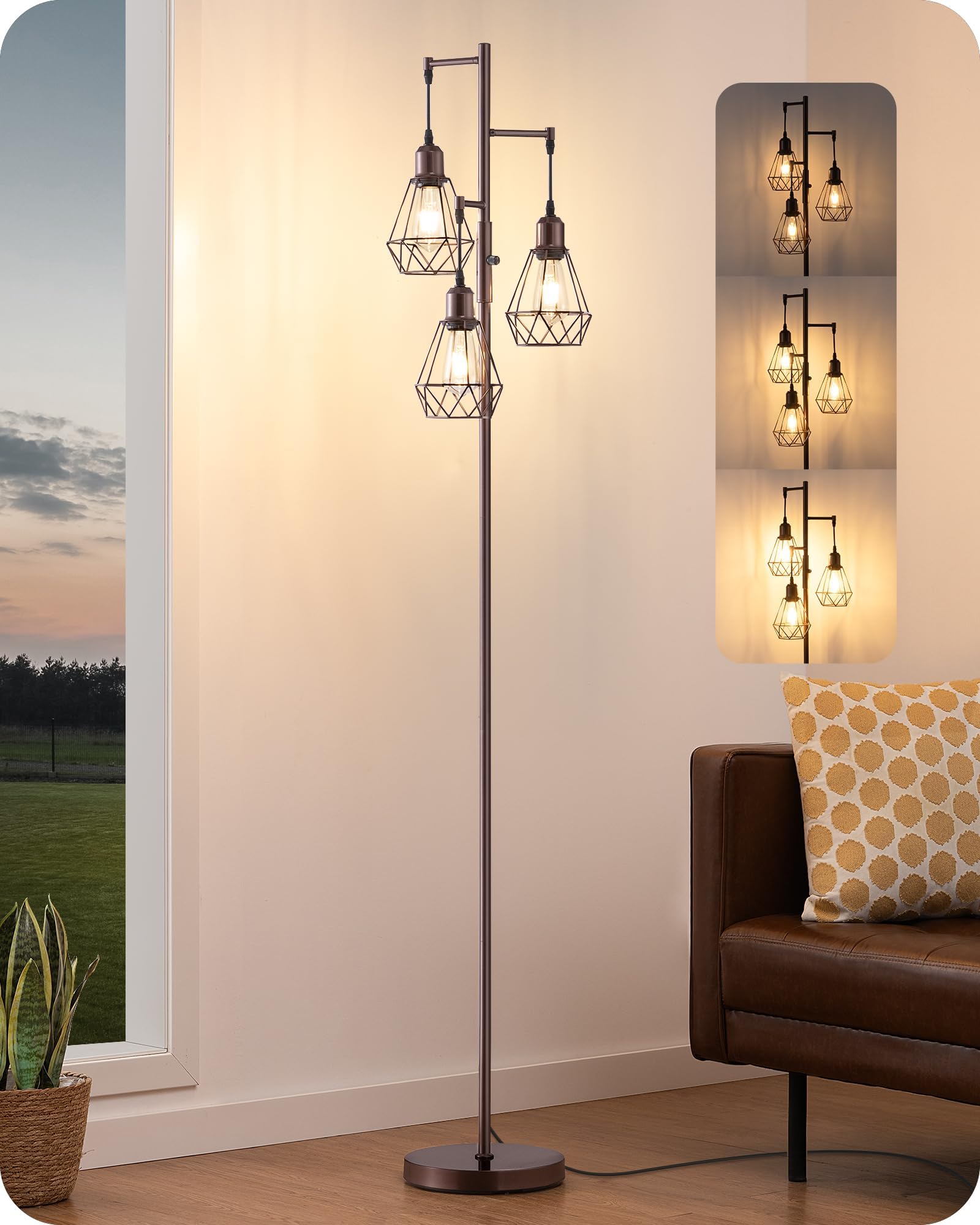 70IN Industrial Floor Lamps for Living Room, Dimmable Farmhouse Corner Reading Lamp, Diamond-Shaped Lampshade, 3 LED Edison Bulbs Included, Rustic Tree Standing Lamp for Bedroom, Brown