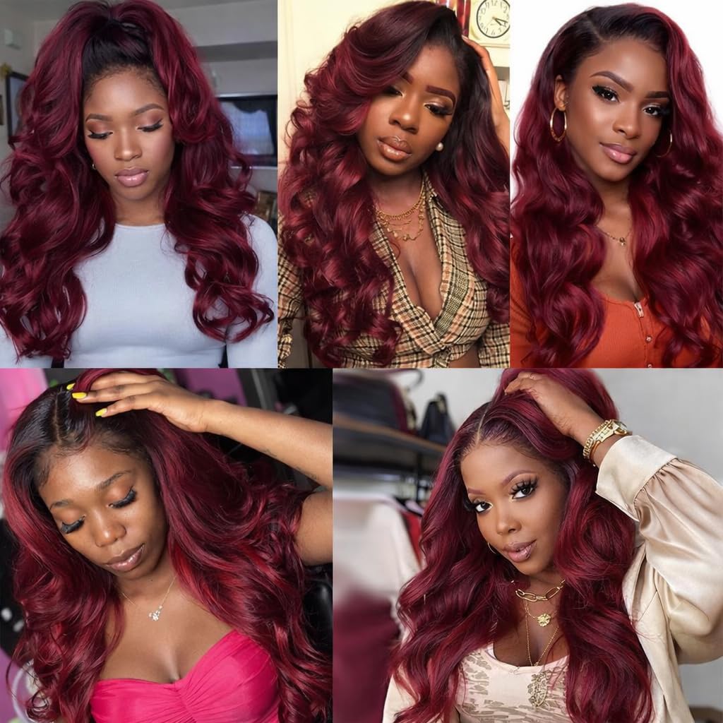 Body Wave Human Hair Bundles Color T1B/99J Ombre Black to Burgundy 18 20 22 Inch Brazilian Virgin Remy Hair Extensions 12A Grade 3 Bundles Bouncy Wavy Weave for Black Women