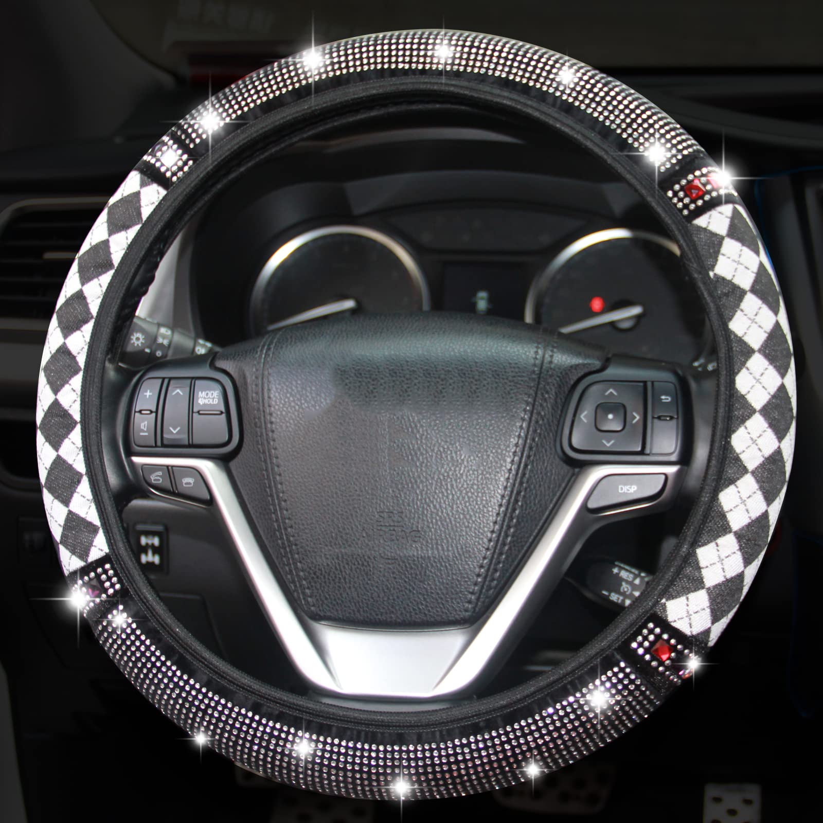 Weilbelvl Bling Steering Wheel Cover, Bling Crystal Rhinestones Diamond Sparkling Car SUV Breathable Anti-Slip Steering Wheel Protector Fit 14.2inch-15.3inch for Women & Girls