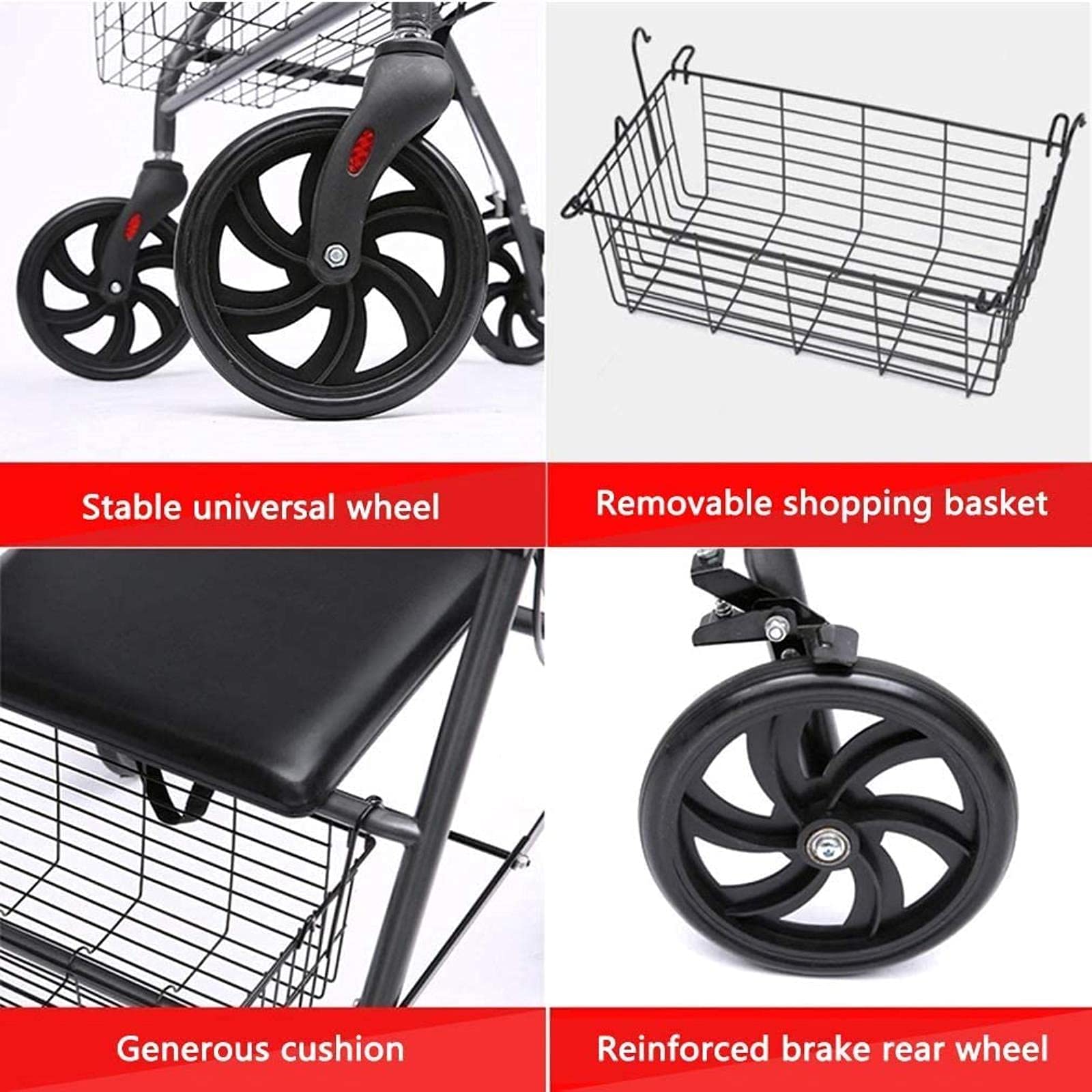 Rollator Walker Lekki, składany chodzik na 4 kołach z wyściełanym siedziskiem, podparciem pleców, ergonomicznymi uchwytami z koszem siedziska dla osób starszych z regulowaną wysokością, kolor czarny