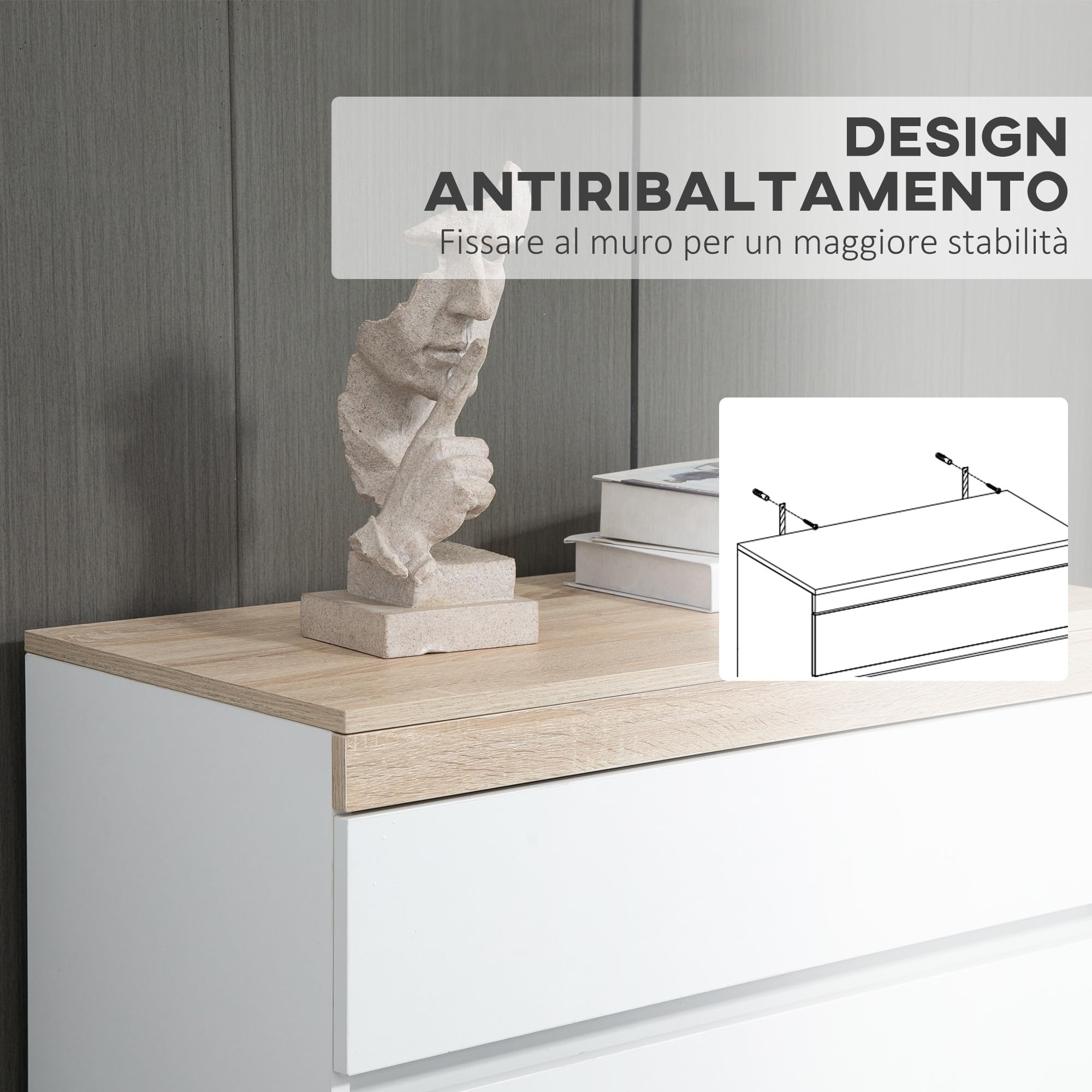 HOMCOM Cassettiera 5 Cassetti in Legno, Cassettiera Camera da Letto con Dispositivo Antiribaltamento, 80x40x109 cm, Bianco e Rovere