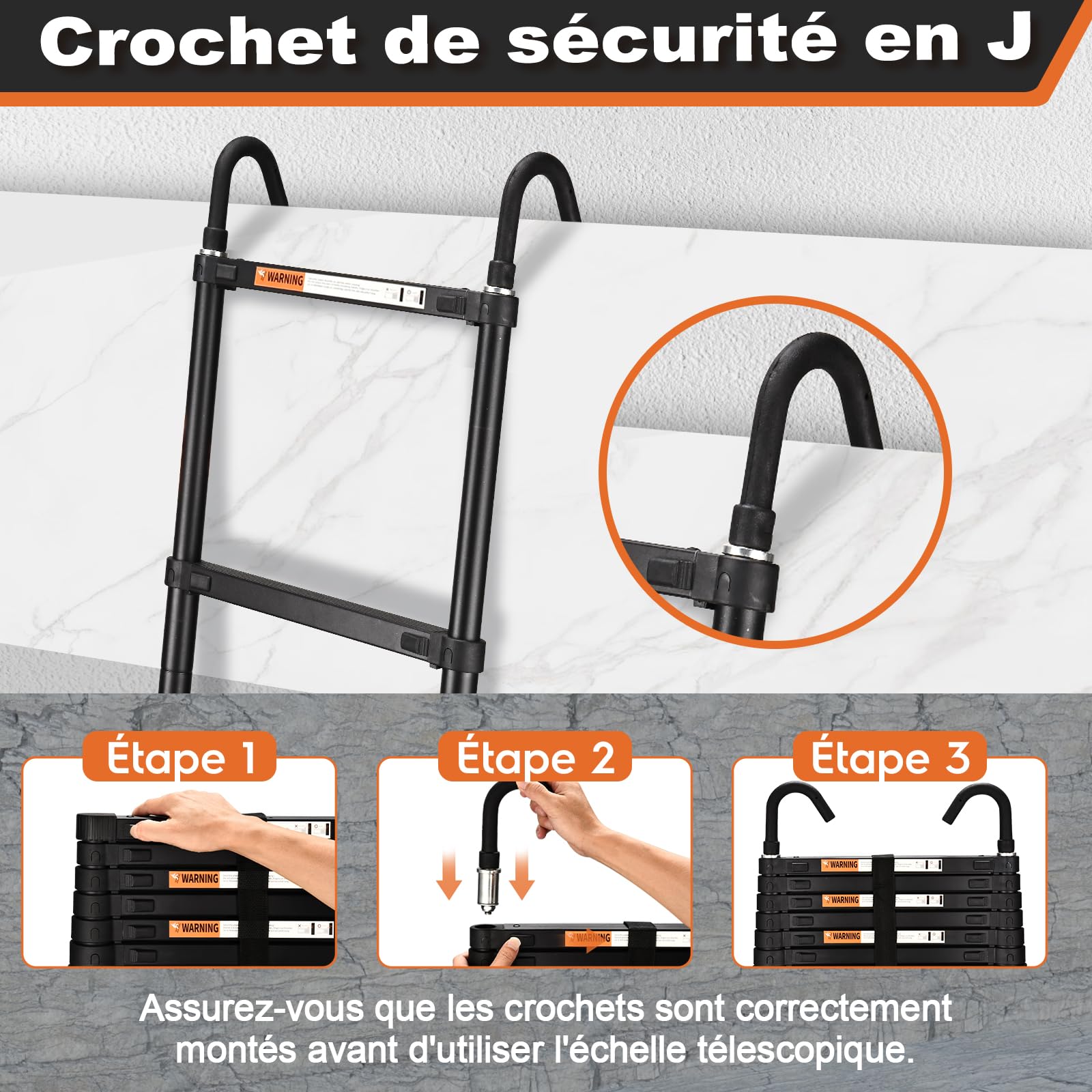 HBTower Escamotable en Aluminium,Echelle telescopique 3.2M/10.5FT avec Crochets,Echelle plianteConvient aux Camping-Cars, greniers, extérieurs et intérieurs, Charge Max 150 kg (Noir)